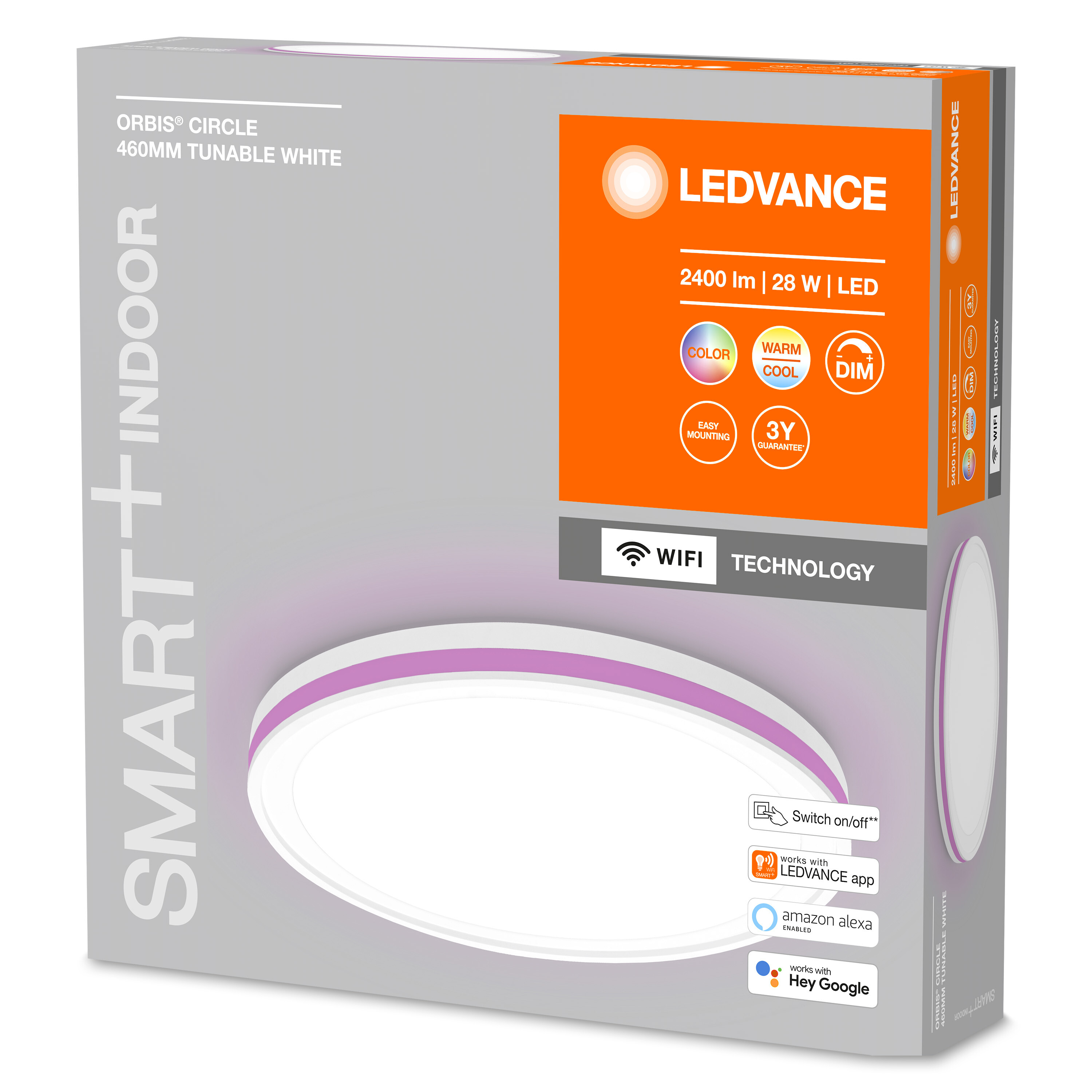 Eine weiße und orangefarbene Schachtel mit LEDVANCE-Branding, die ein rundes Licht zeigt.
