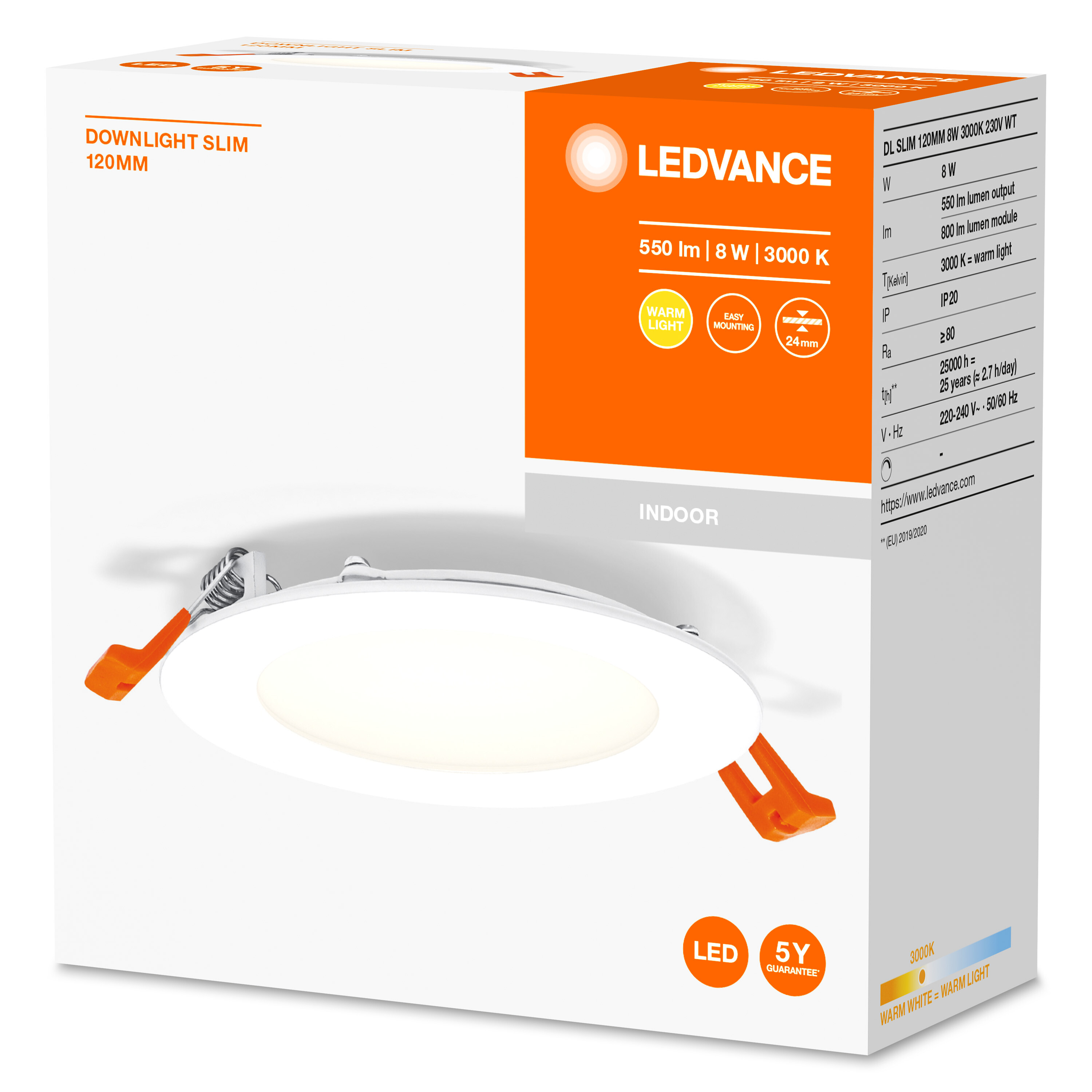 Scatola downlight LEDVANCE bianca e arancione con dettagli del prodotto, illuminazione interna.