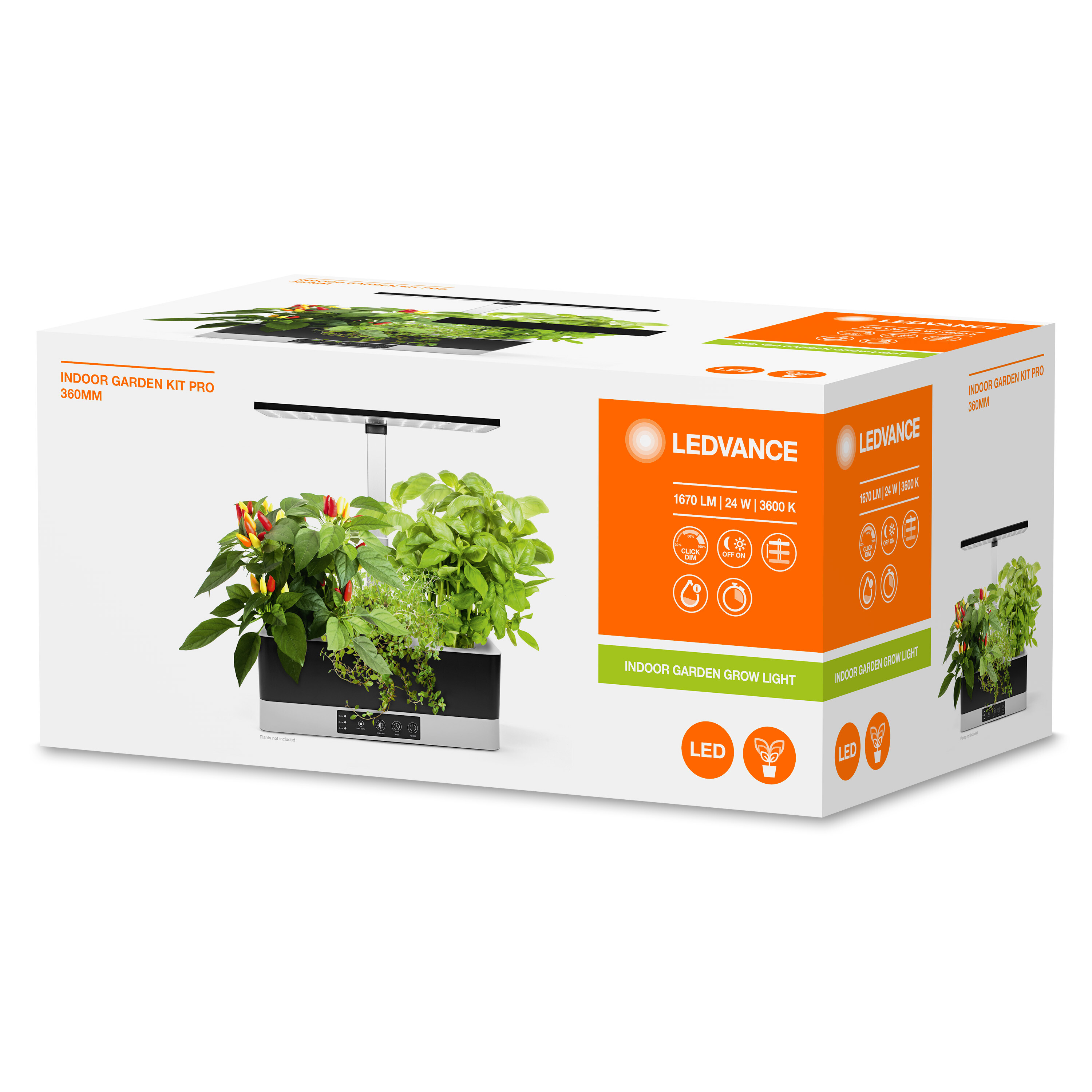 Karton mit Indoor Garden Kit Pro. Enthält Kräuter und LED-Beleuchtung mit Timer.