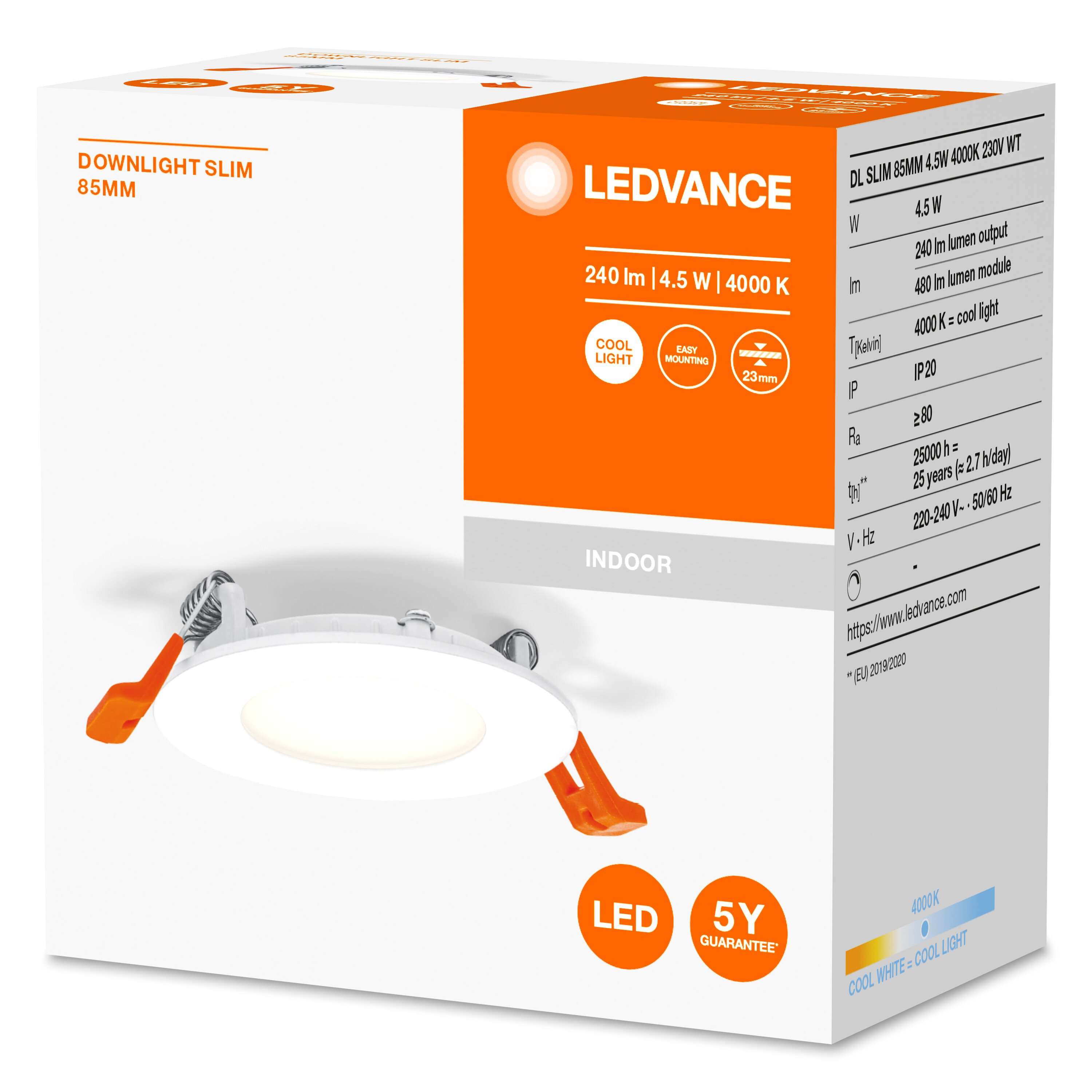 Eine weiße und orangefarbene Box mit rundem Licht, LEDVANCE-Branding und technischen Daten.