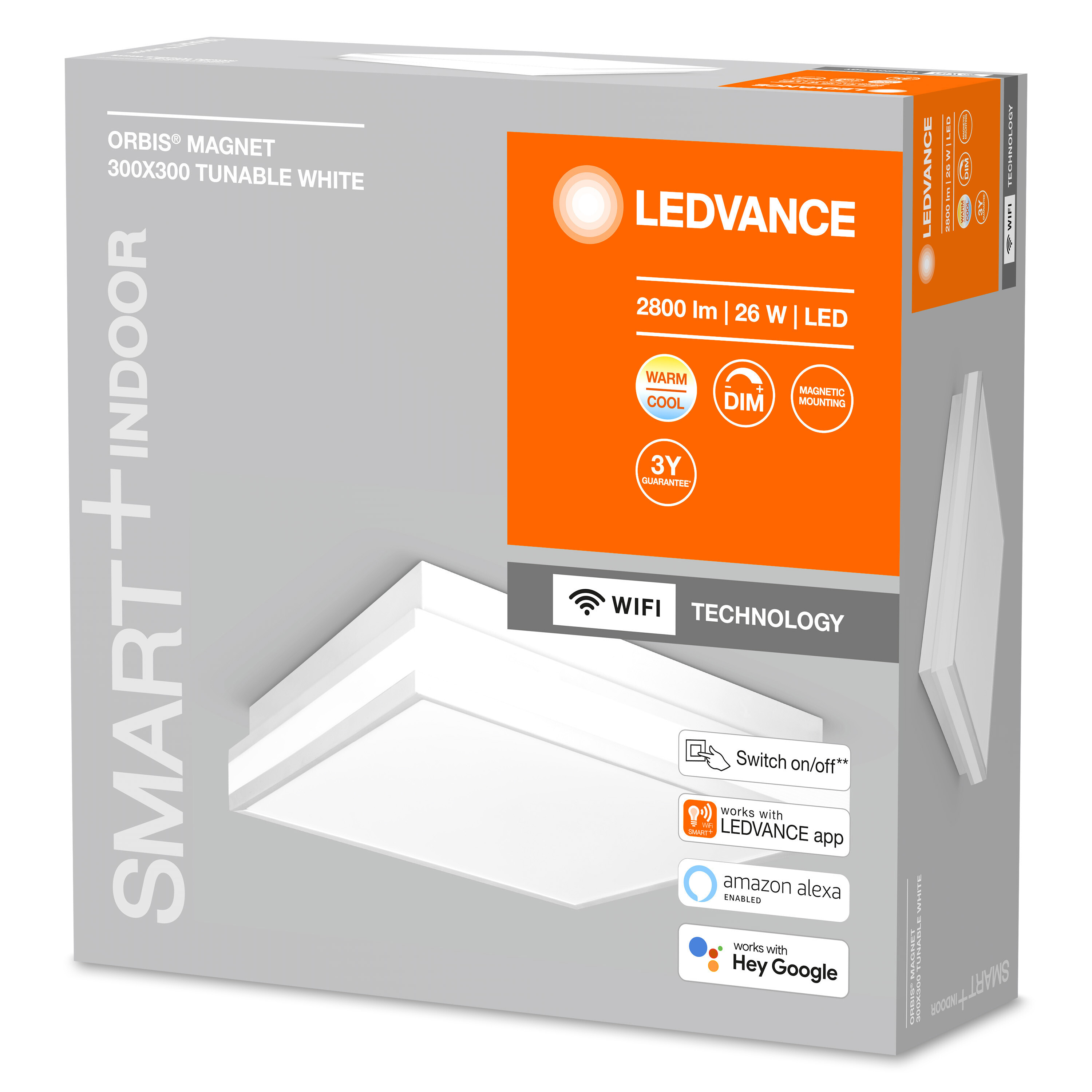 Weiß-orangefarbene Box. Text enthält LEDVANCE, 2800 lm, 26W LED und WIFI.