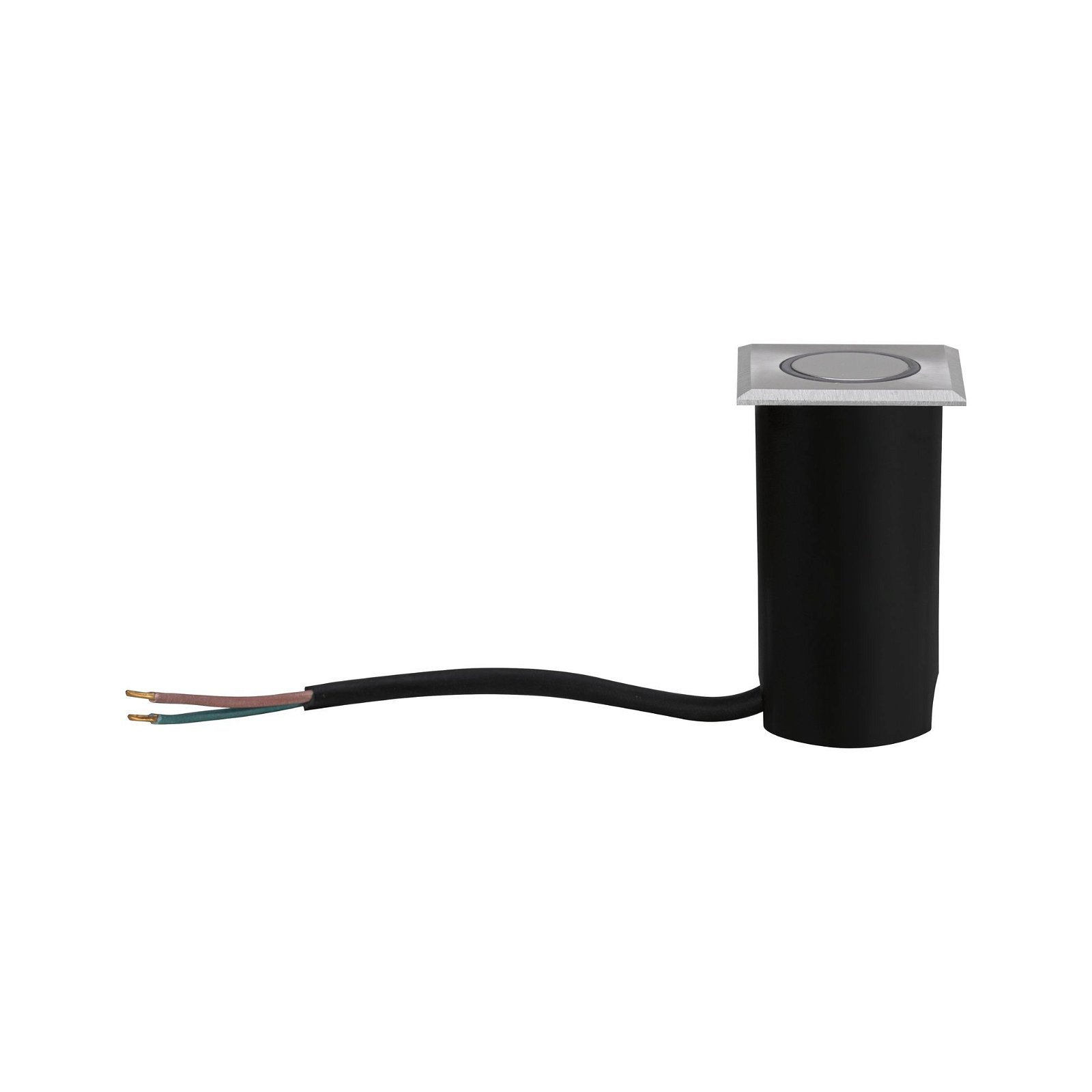 Czarna i srebrna oprawa oświetleniowa wpuszczana z wychodzącymi przewodami.