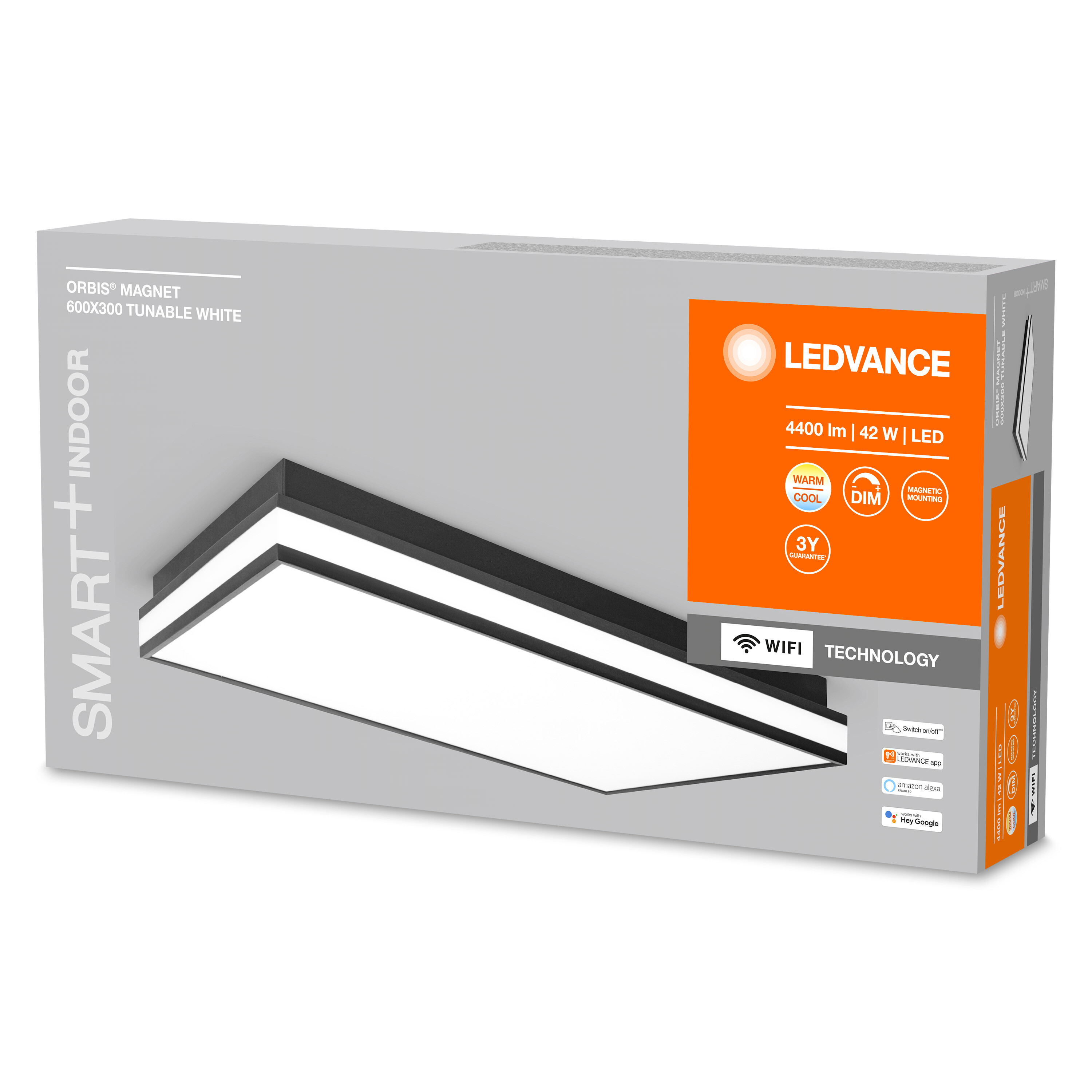 Eine rechteckige LED-Deckenleuchte in ihrer Verpackung, mit deutlich sichtbarem Branding und Spezifikationen.