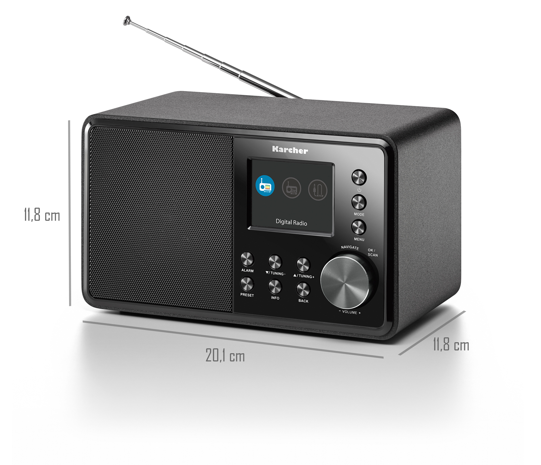 Radio Kärcher noire avec affichage numérique, antenne et boutons. Dimensions indiquées.