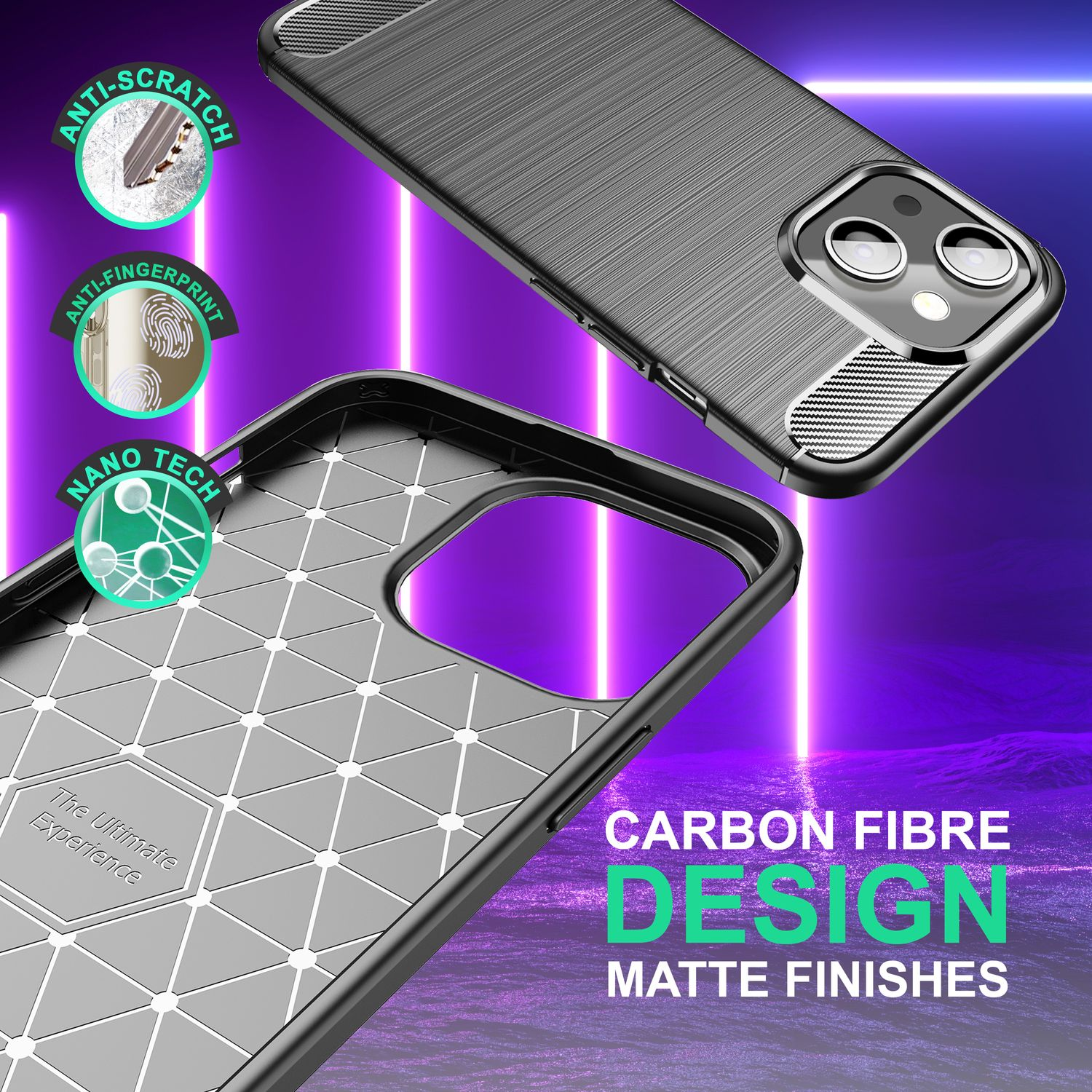 Custodia per telefono con design in fibra di carbonio, finiture opache e caratteristiche antigraffio/impronte.