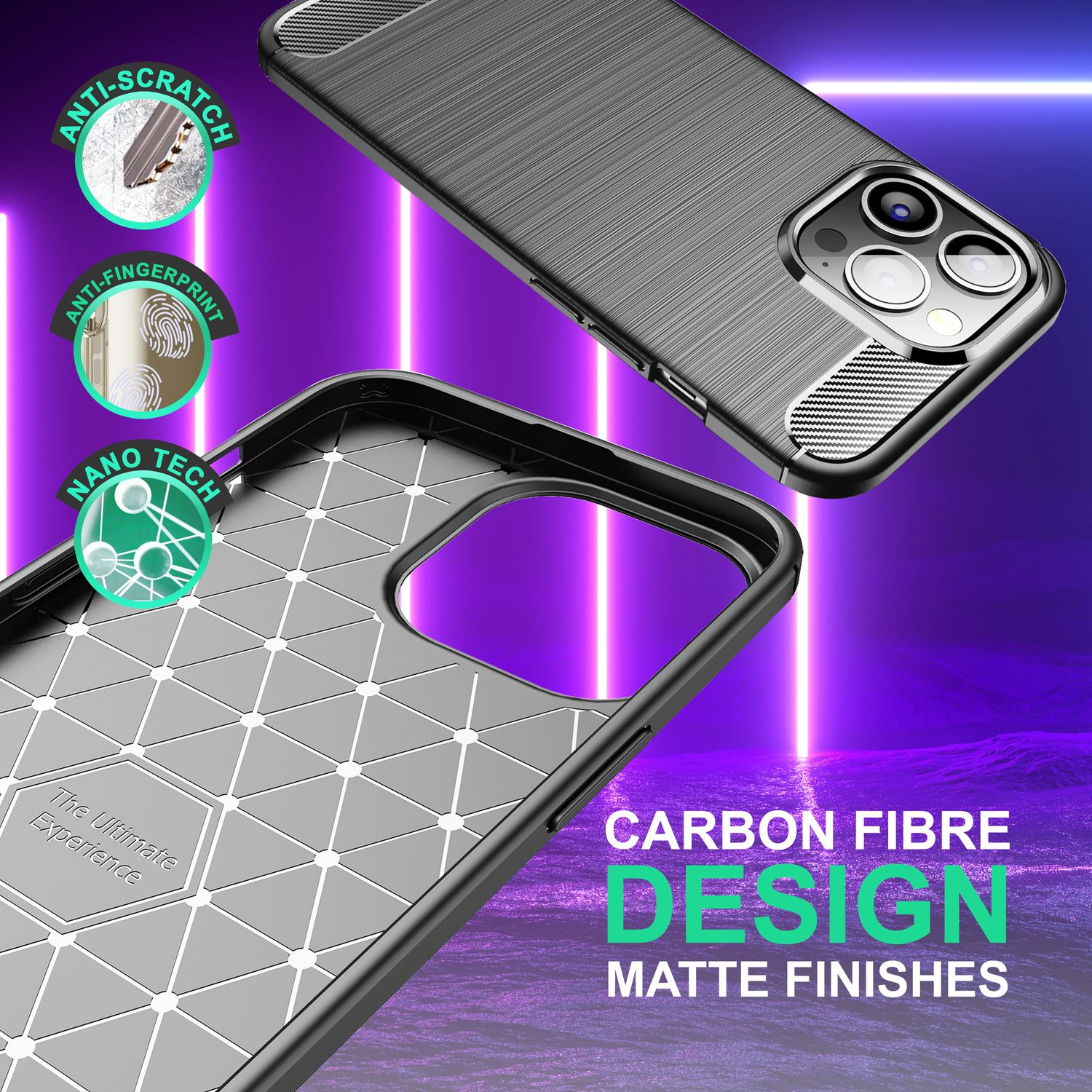 Eine Handyhülle mit Carbonfaser-Design und Text "CARBON FIBRE DESIGN MATTE FINISHES".