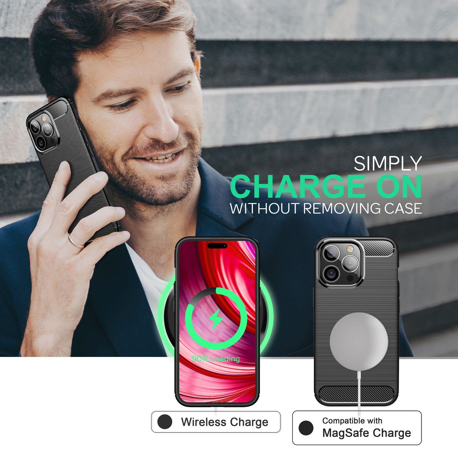 Ein Mann hält ein Telefon, das kabelloses und MagSafe-Laden zeigt.
