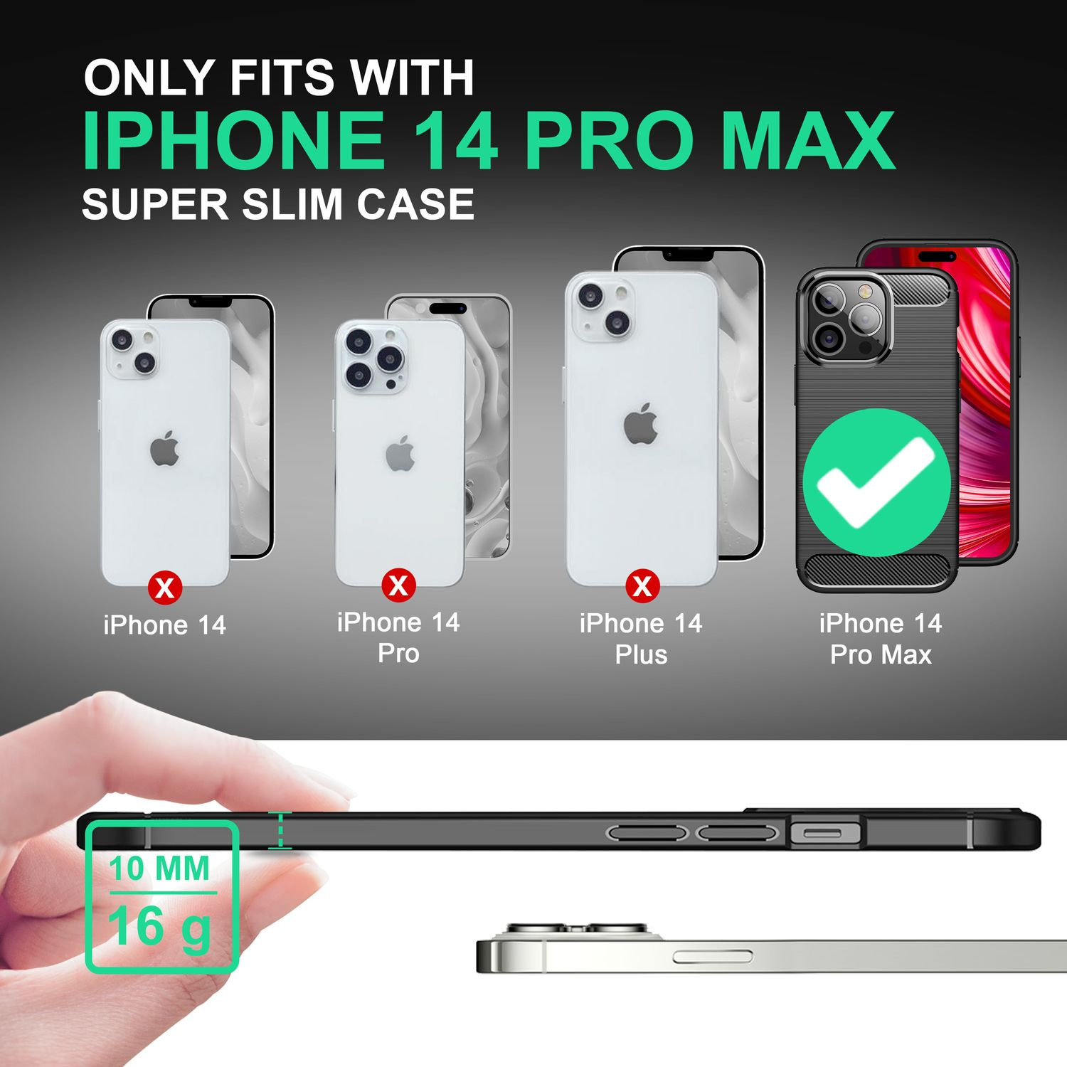 Eine Werbung, die iPhone-Modelle zeigt. Nur das iPhone 14 Pro Max ist mit der Hülle kompatibel.