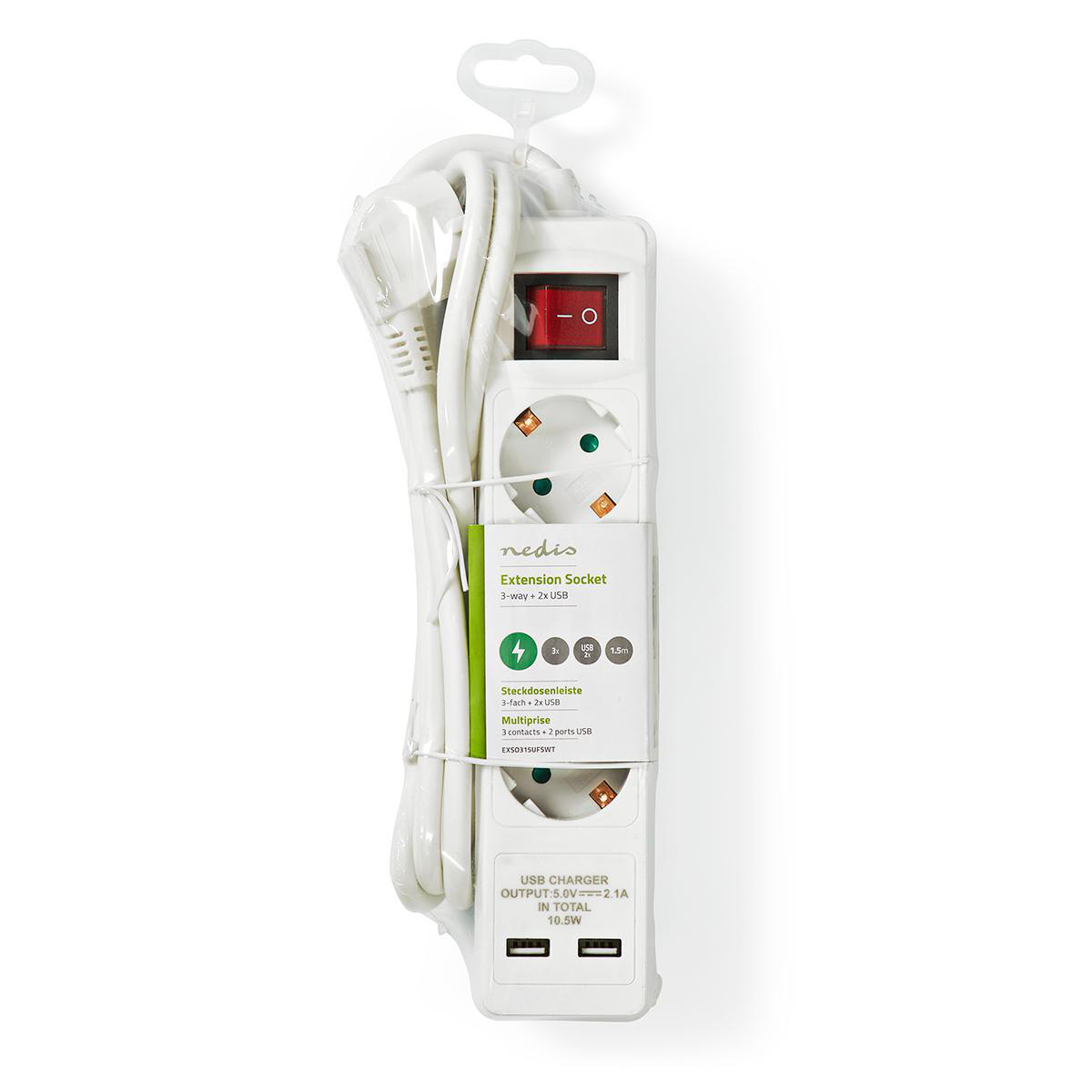 Wit verlengsnoer met 3 stopcontacten, 2 USB-poorten en een schakelaar.