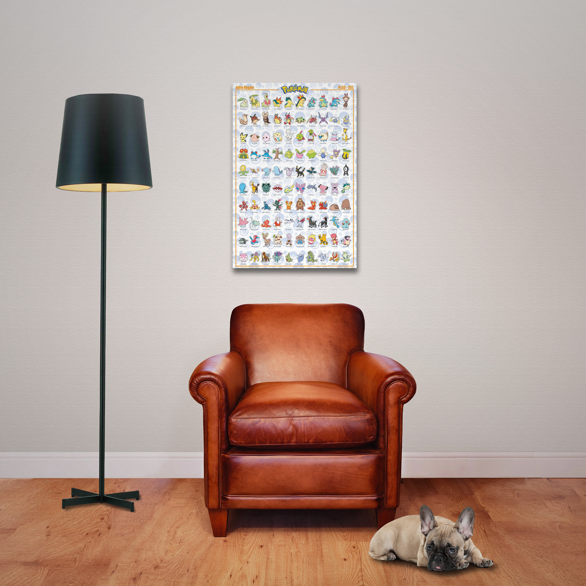 Zimmer mit Poster von Pokémon-Charakteren, Lampe, Sessel und Hund.
