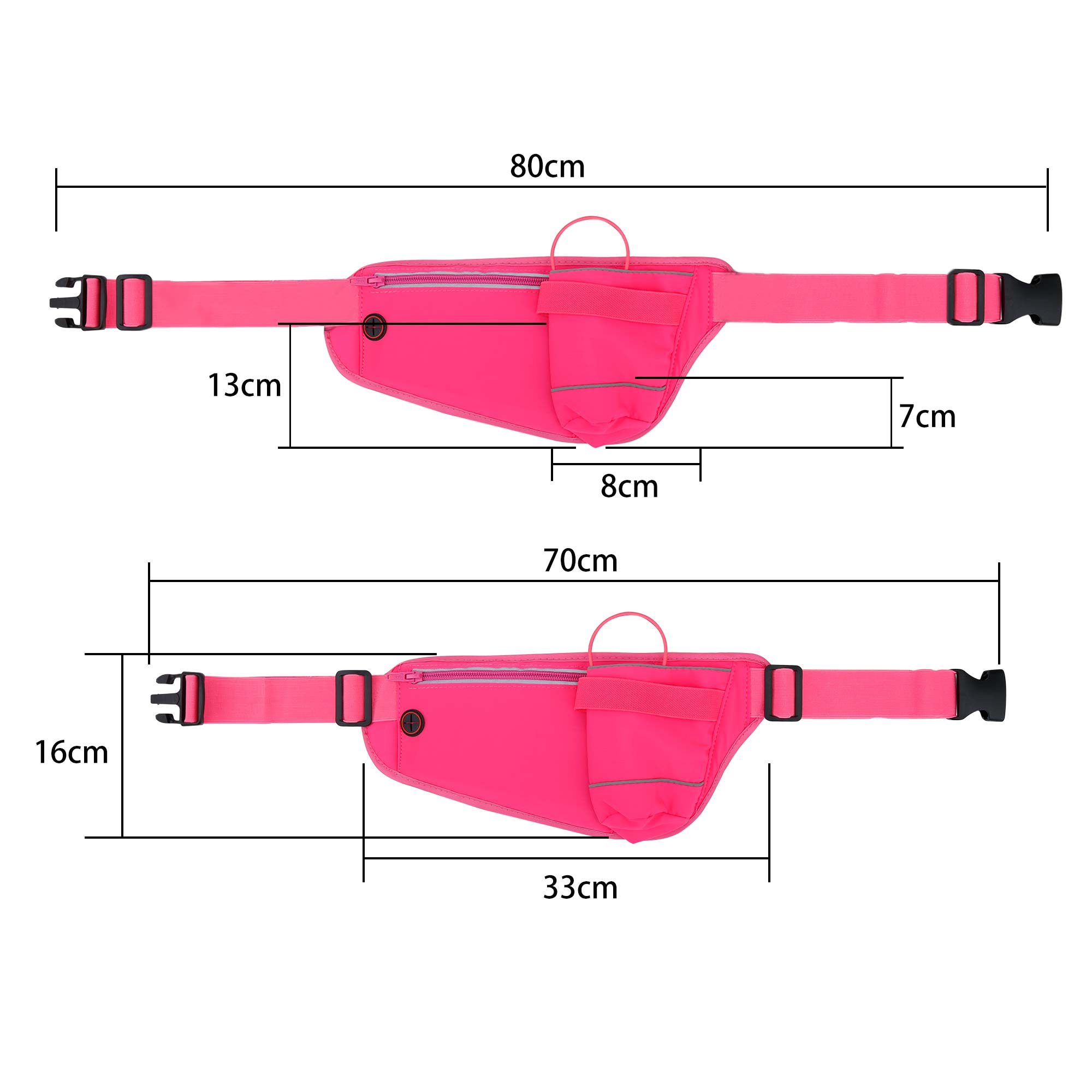Marsupio rosa con dettagli neri. Le dimensioni sono indicate. Sfondo bianco.