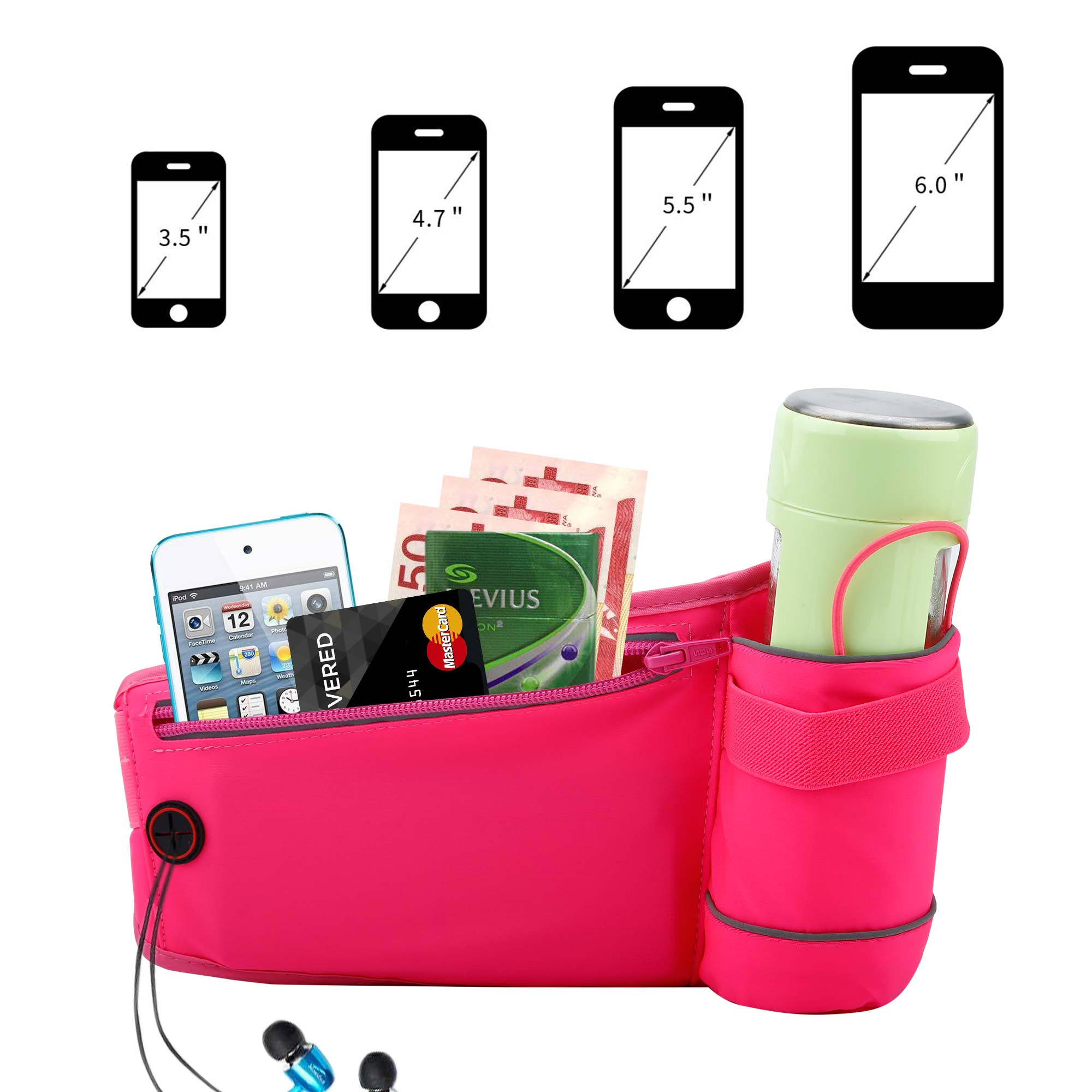 Marsupio rosa con telefoni e piccoli oggetti, con tabella delle dimensioni dei telefoni.