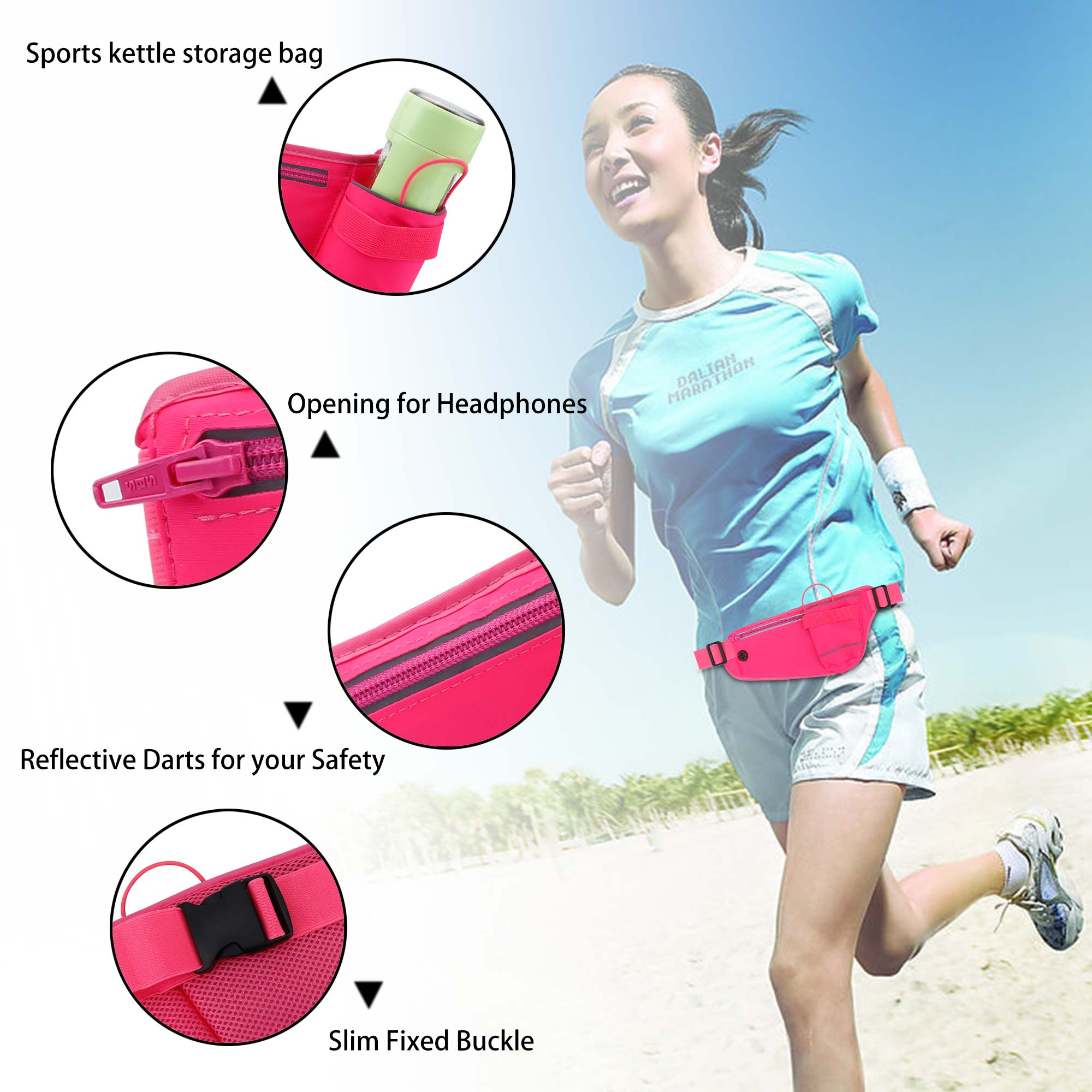 Una donna corre con un marsupio rosa, con testo e illustrazioni sulla borsa.
