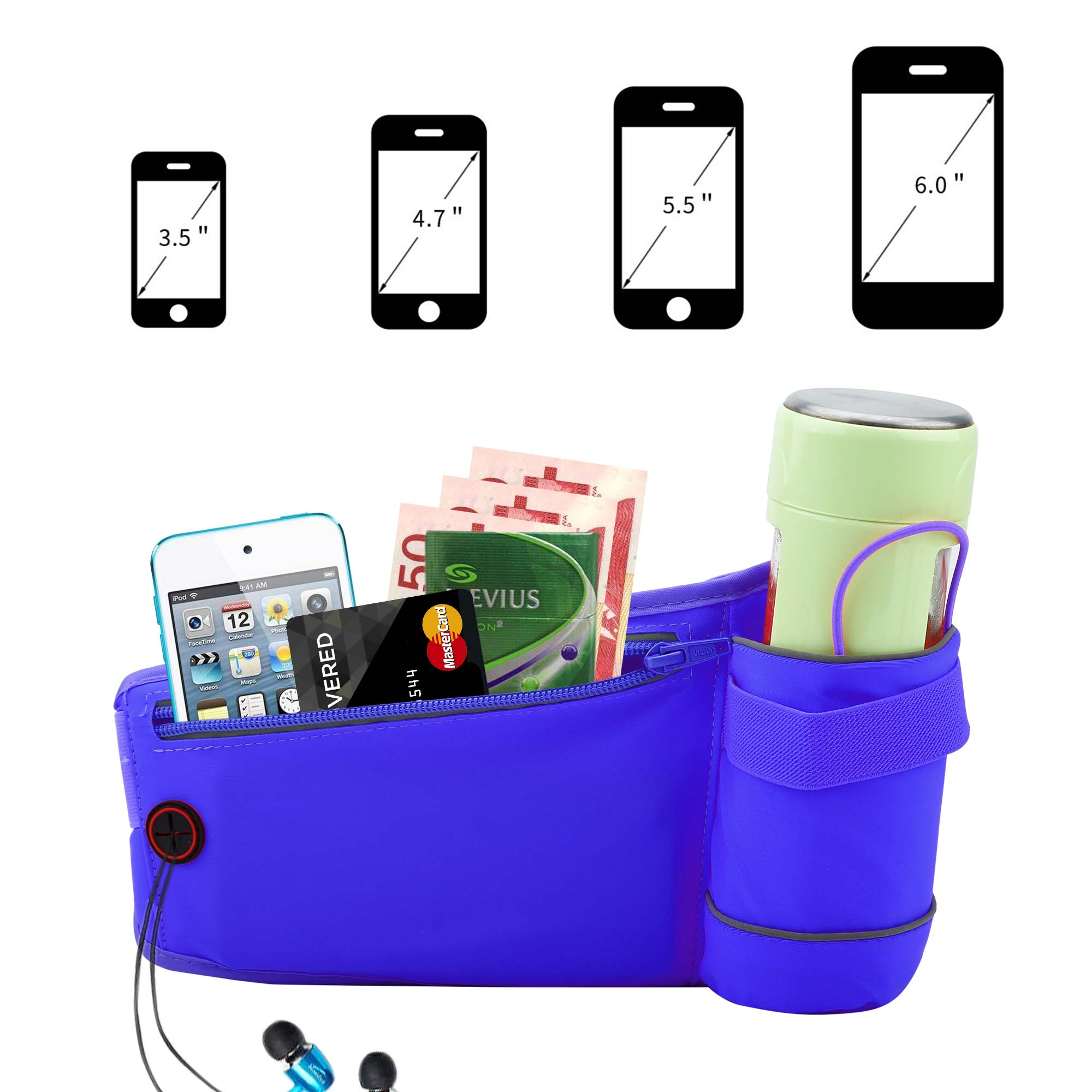 Marsupio blu con telefono, soldi e borraccia. Ci sono anche quattro grafici di dimensioni telefono.