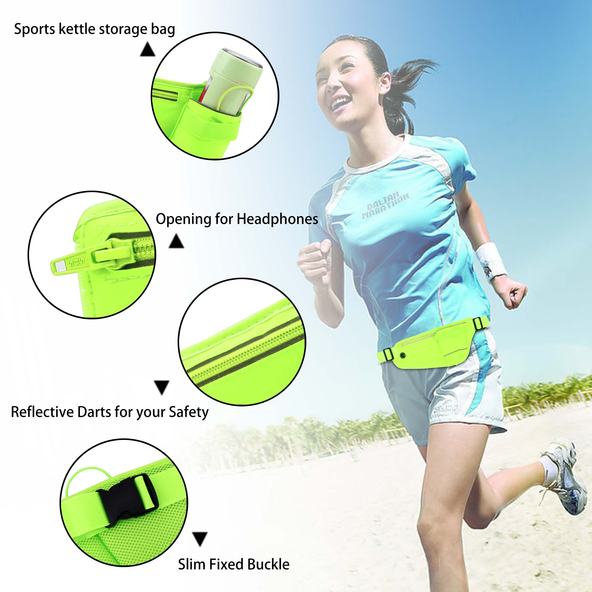Una donna che corre con un marsupio verde lime, evidenziando le sue caratteristiche.
