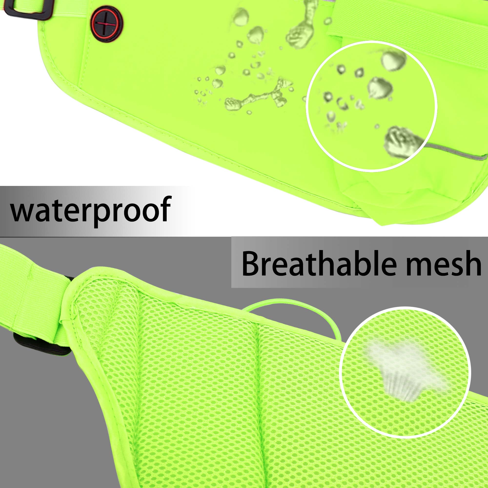 Borsa verde impermeabile con dettagli in mesh traspirante. Primi piani con testo.