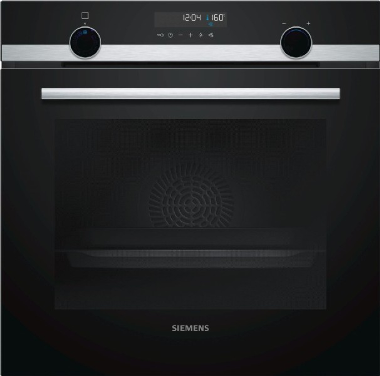 Horno negro con pantalla digital y controles plateados. Puerta de vidrio negra. Marca Siemens.