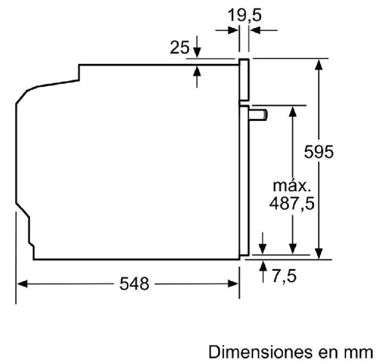 Un dibujo esquemático de un horno empotrado con dimensiones en milímetros.