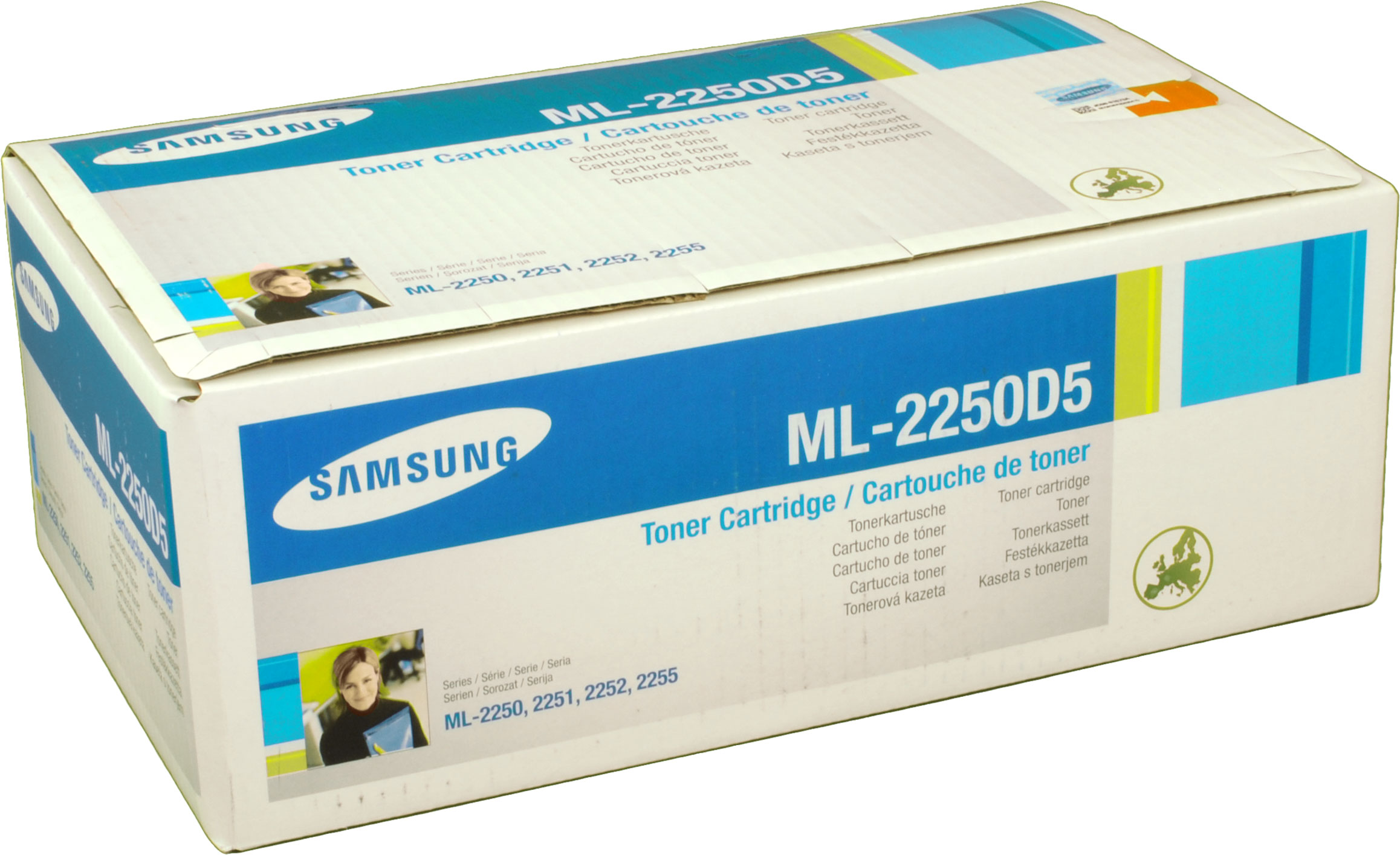 Scatola di cartucce toner Samsung. La scatola è bianca e blu con testo, immagine e il marchio.