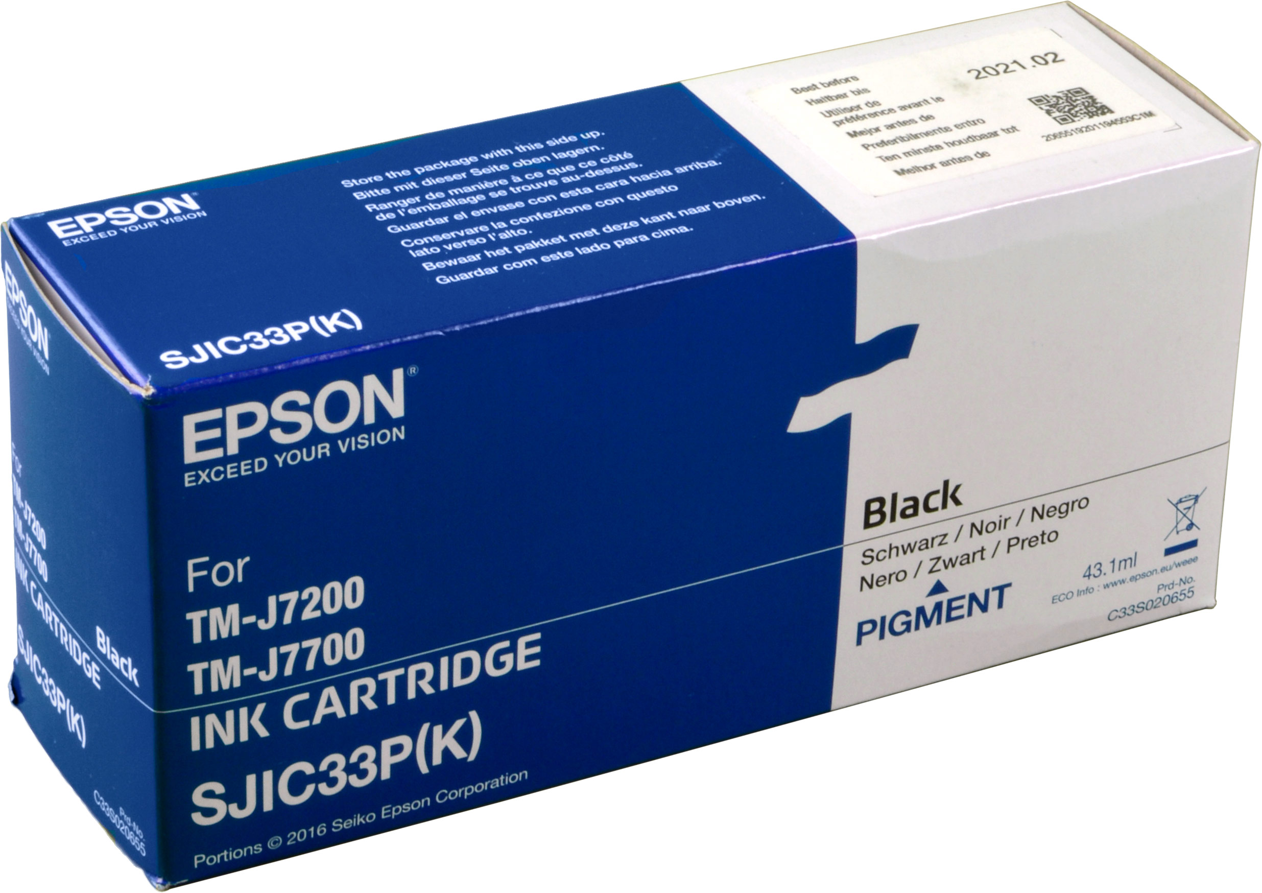 Una scatola di cartucce d'inchiostro Epson, blu e bianca, con informazioni sul prodotto.