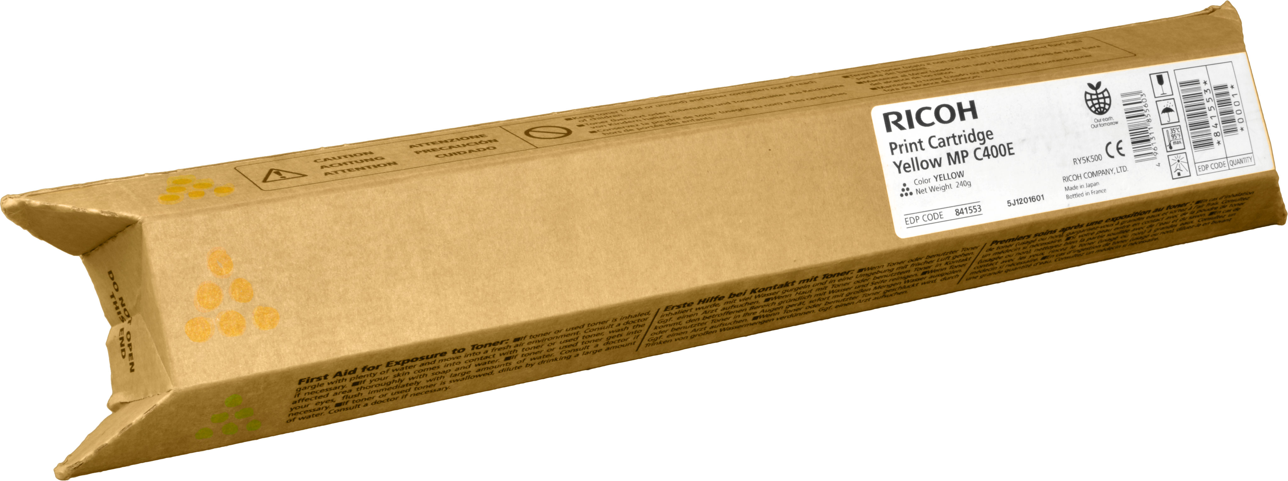 Żółte prostokątne kartonowe pudełko z wkładem do tonera w środku, pod kątem. Znajdują się na nim tekst i etykiety.