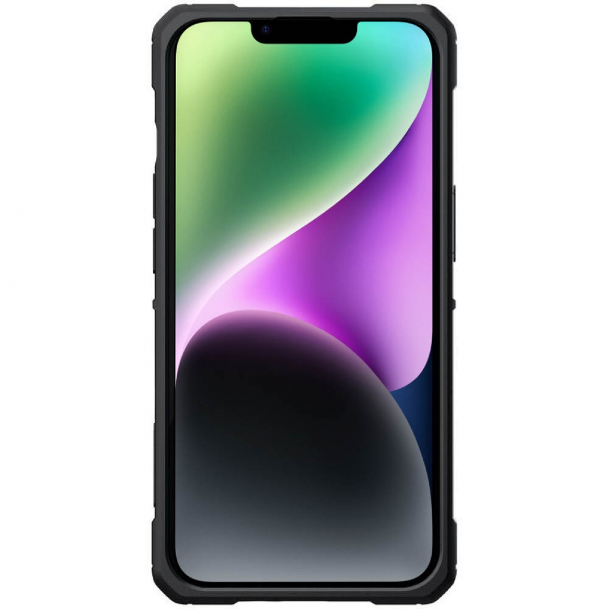 Smartphone in einer Hülle. Schwarze Hülle, Telefon mit farbenfrohem Bildschirm, schwarzer Hintergrund.
