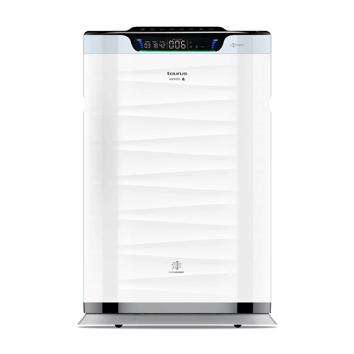 Un purificador de aire blanco con pantalla digital y base plateada, aislado sobre blanco.