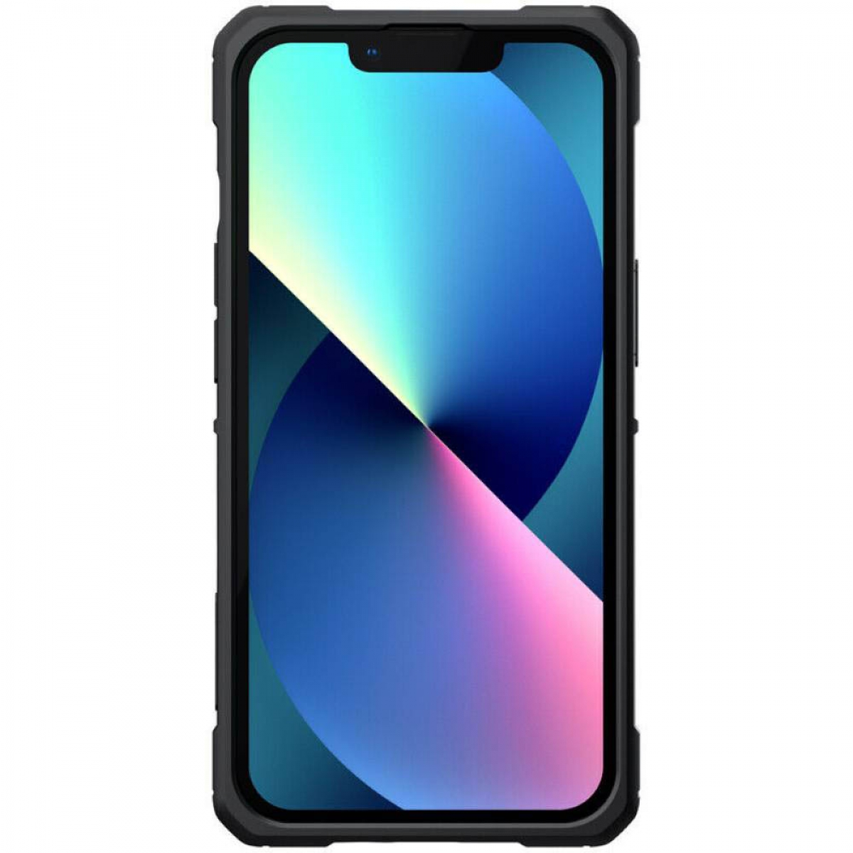 Ein Smartphone mit blauem, grünem und pinkfarbenem Farbverlauf auf dem Bildschirm in einer schwarzen Hülle.