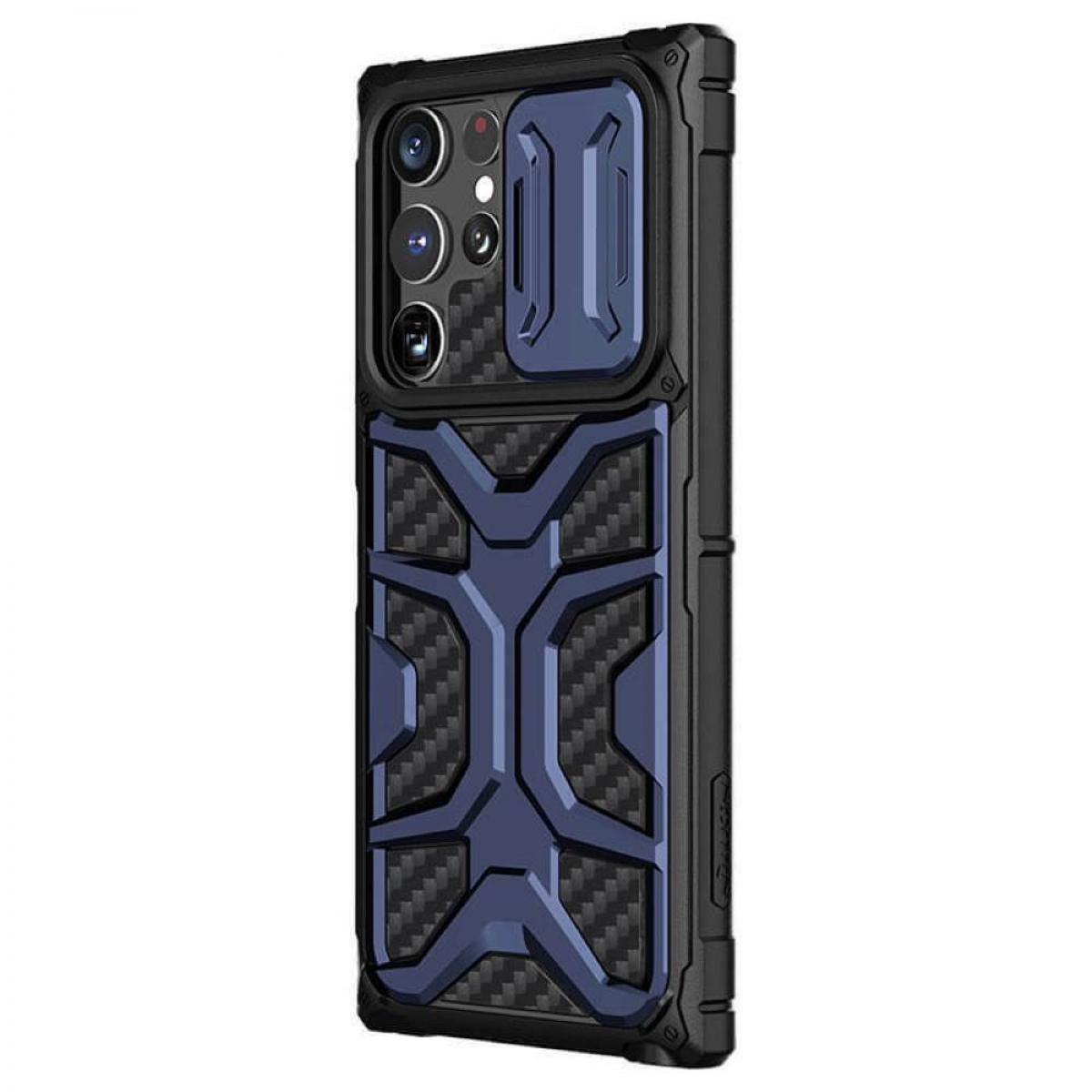 Eine schwarz-blaue Handyhülle mit Kameraschieber und strukturiertem Design.
