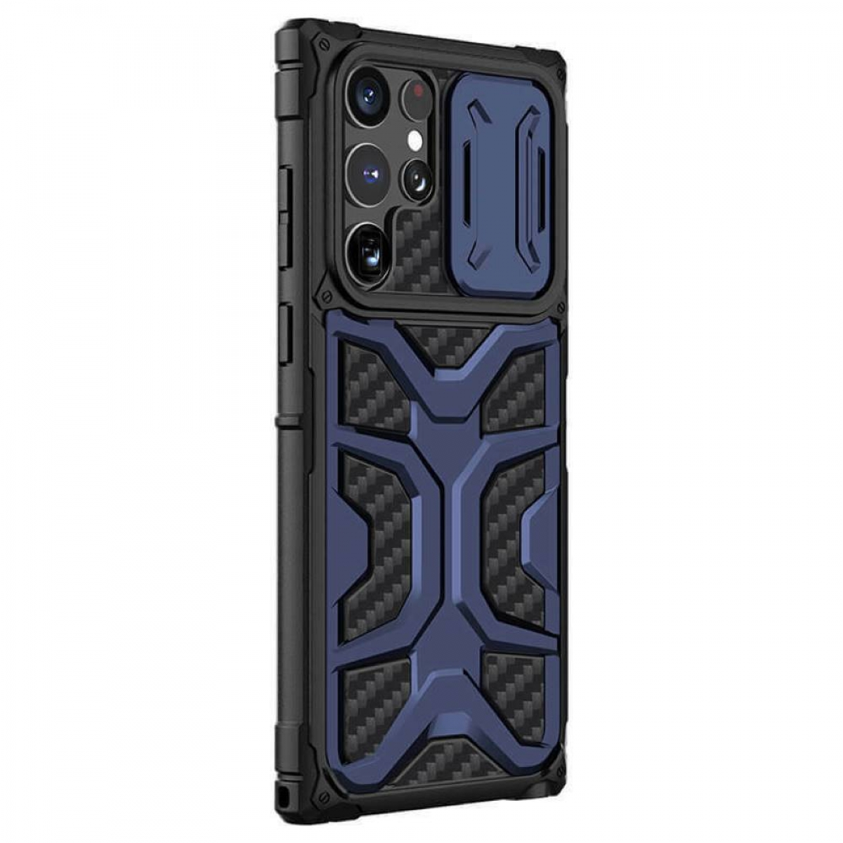Schwarze und blaue Handyhülle. Die Hülle hat ein robustes Design mit Kameraabdeckung und blauen Akzenten.