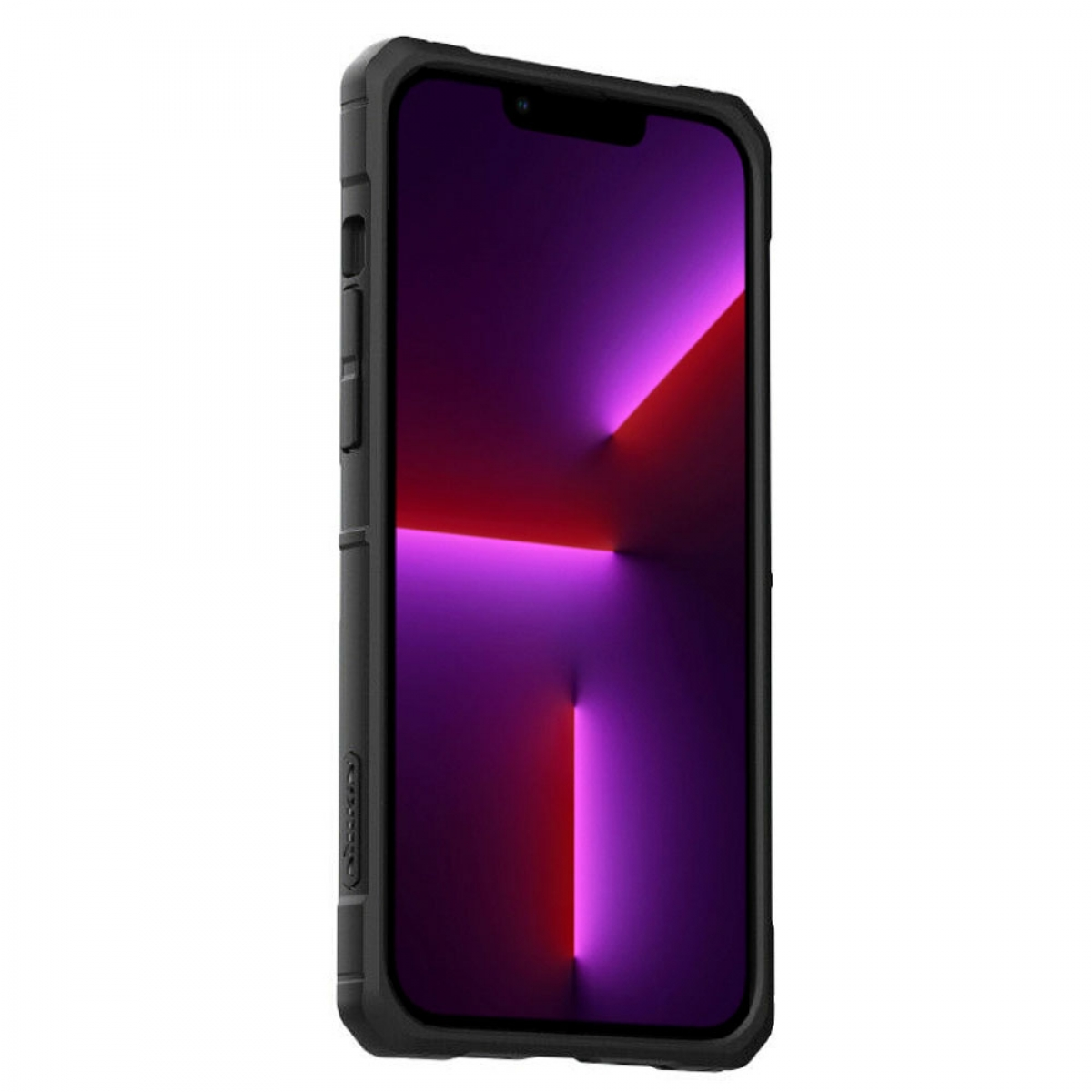 Ein Smartphone mit farbenfrohem Bildschirm in einer schwarzen Hülle. Der Bildschirm zeigt ein rotes und violettes Design.