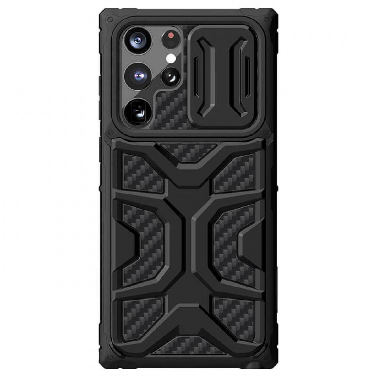 Schwarze Handyhülle mit Kohlefaser-Akzenten und Kameraabdeckung. Robustes Design.