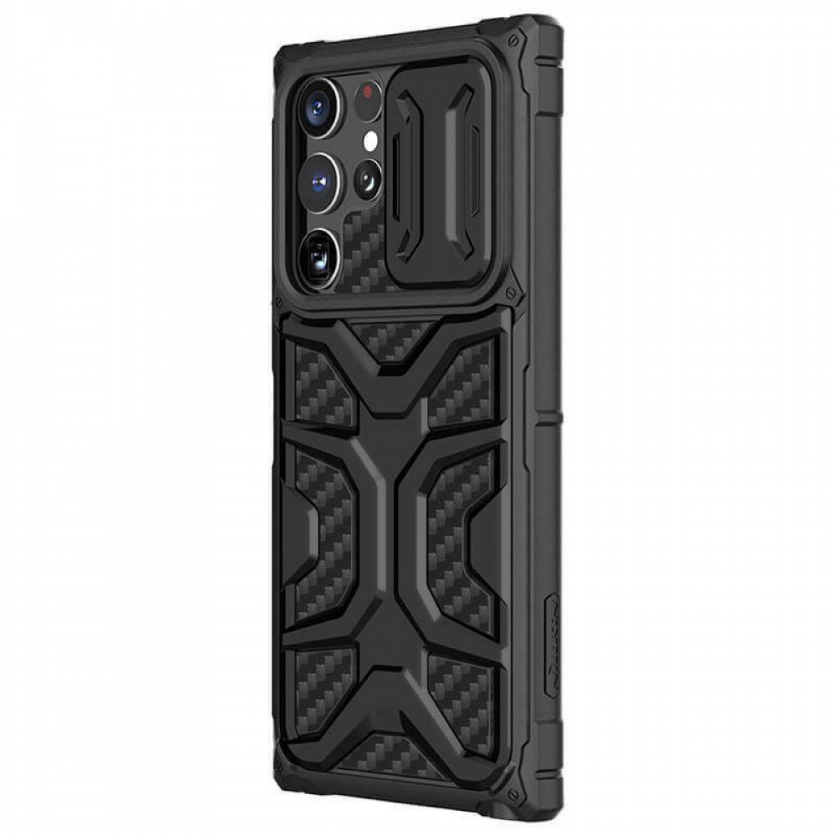 Schwarze Handyhülle mit Kameraschutz und strukturiertem Design. Der Hintergrund ist weiß.