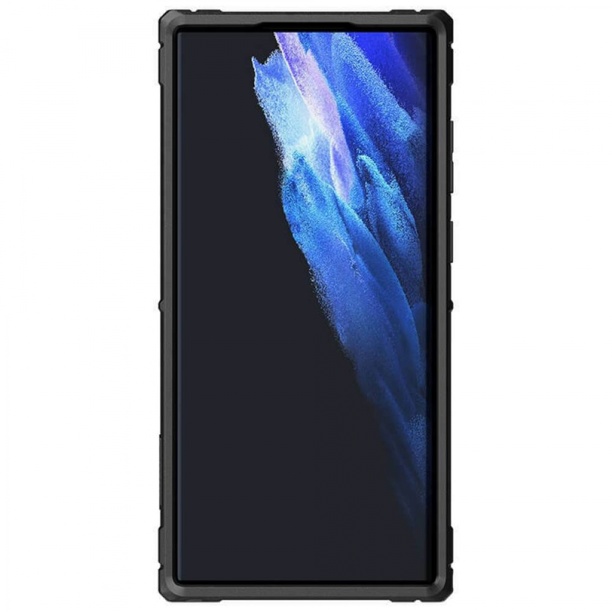 Schwarzes Telefon in schwarzer, robuster Hülle auf weißem Hintergrund.