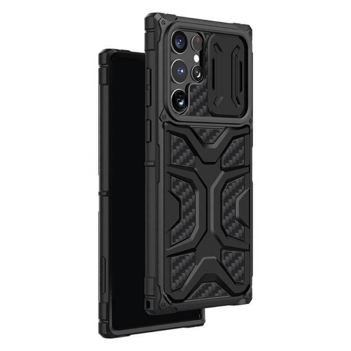Schwarze Handyhülle, offen, zeigt ein Handy, auf weißer Oberfläche.