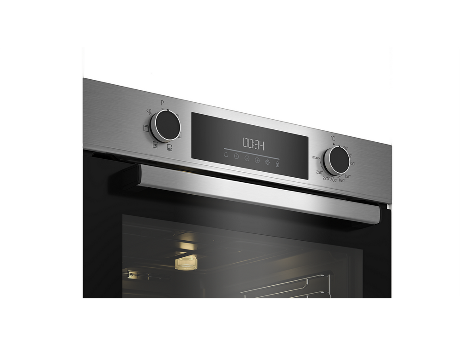 Primer plano del panel de control de un horno con pantalla digital y perillas.
