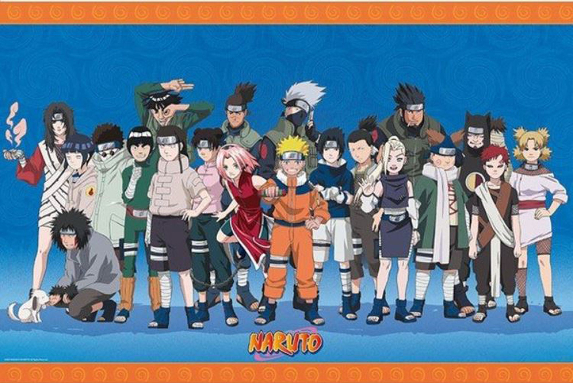 Gruppe von Anime-Charakteren auf blauem Hintergrund, darunter Naruto und andere aus der Serie.