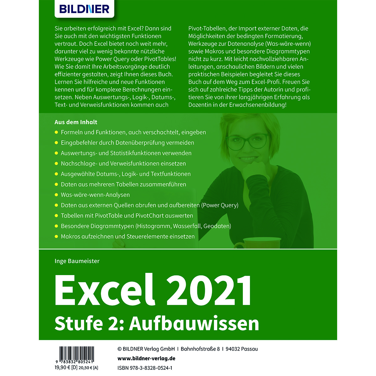 Buchcover für Excel 2021, mit Text und Bild einer Frau. Details zu Formeln, Daten und Funktionen.