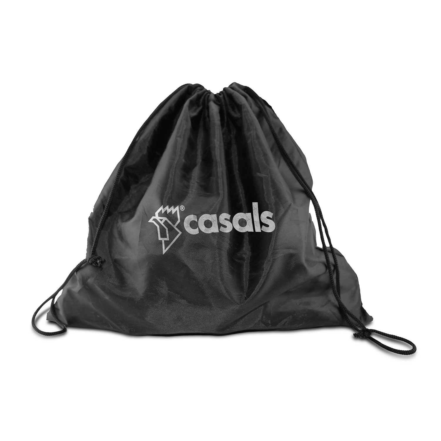 Bolsa negra con cordón y logo blanco. Aislada sobre fondo blanco.