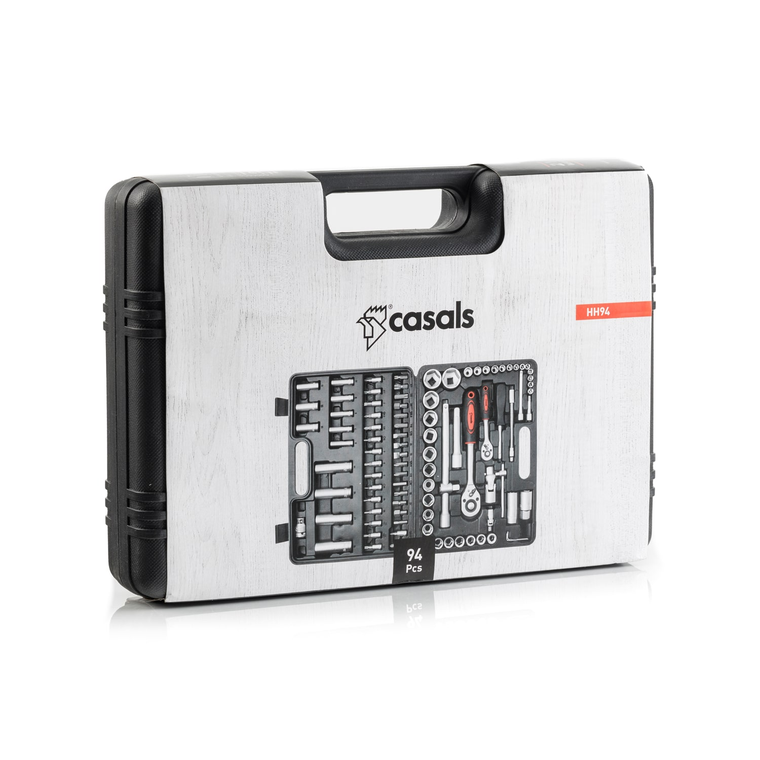 Una caja de herramientas en blanco y negro con herramientas con la marca Casals. Está en un estuche con asa.