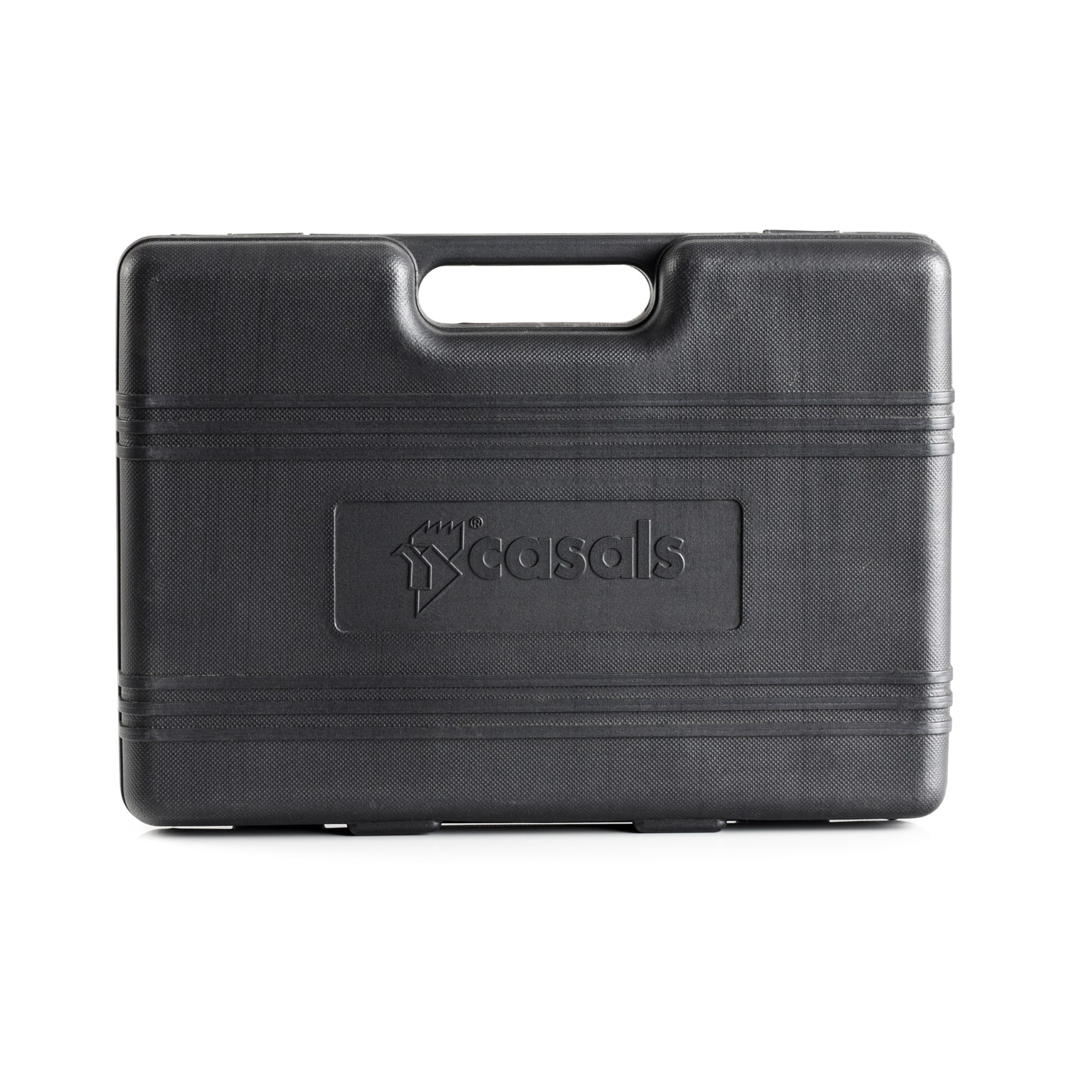 Caja de herramientas Casals negra, cerrada, con el logo de la marca, contra un fondo blanco.