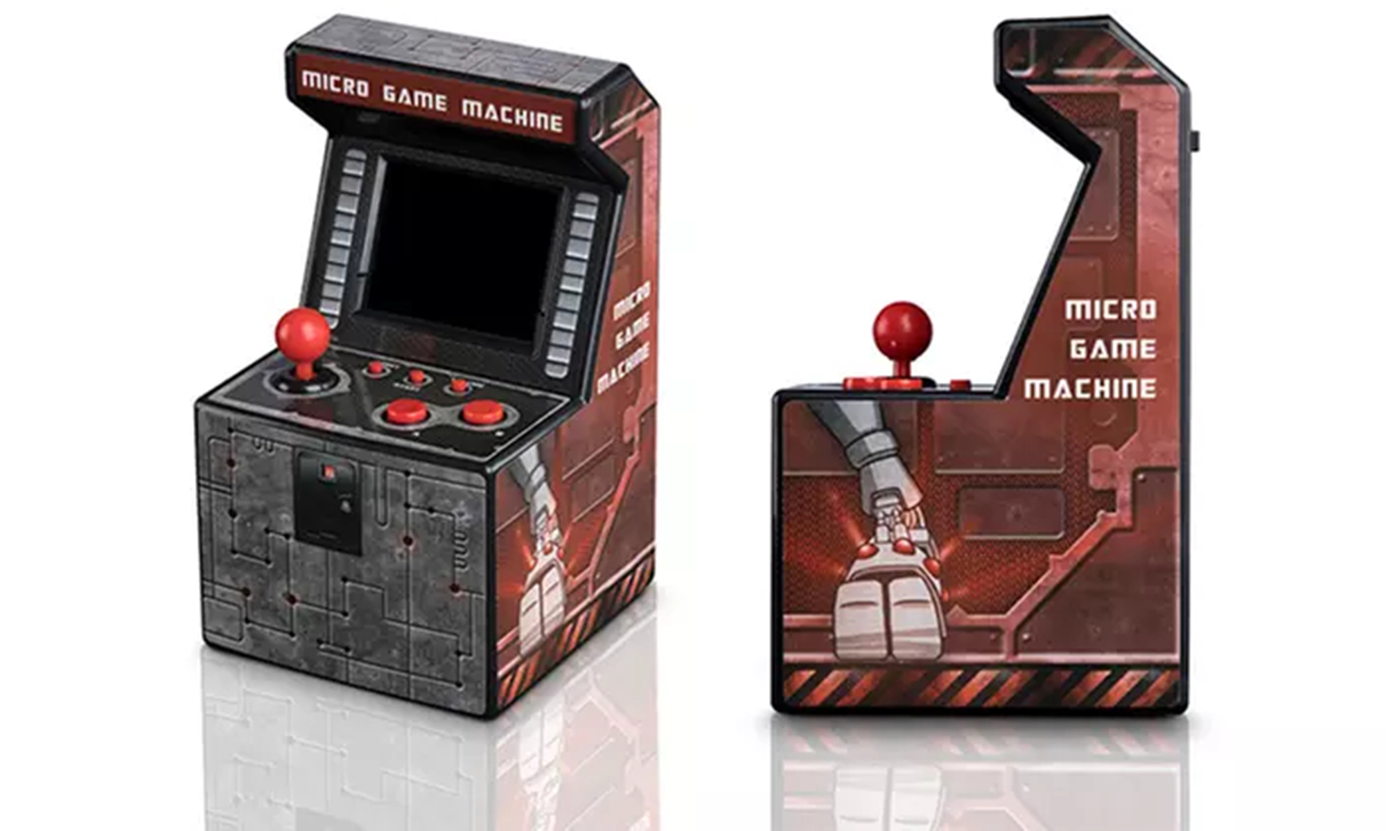 Máquina de arcade Micro Game Machine, dos vistas mostrando el diseño.