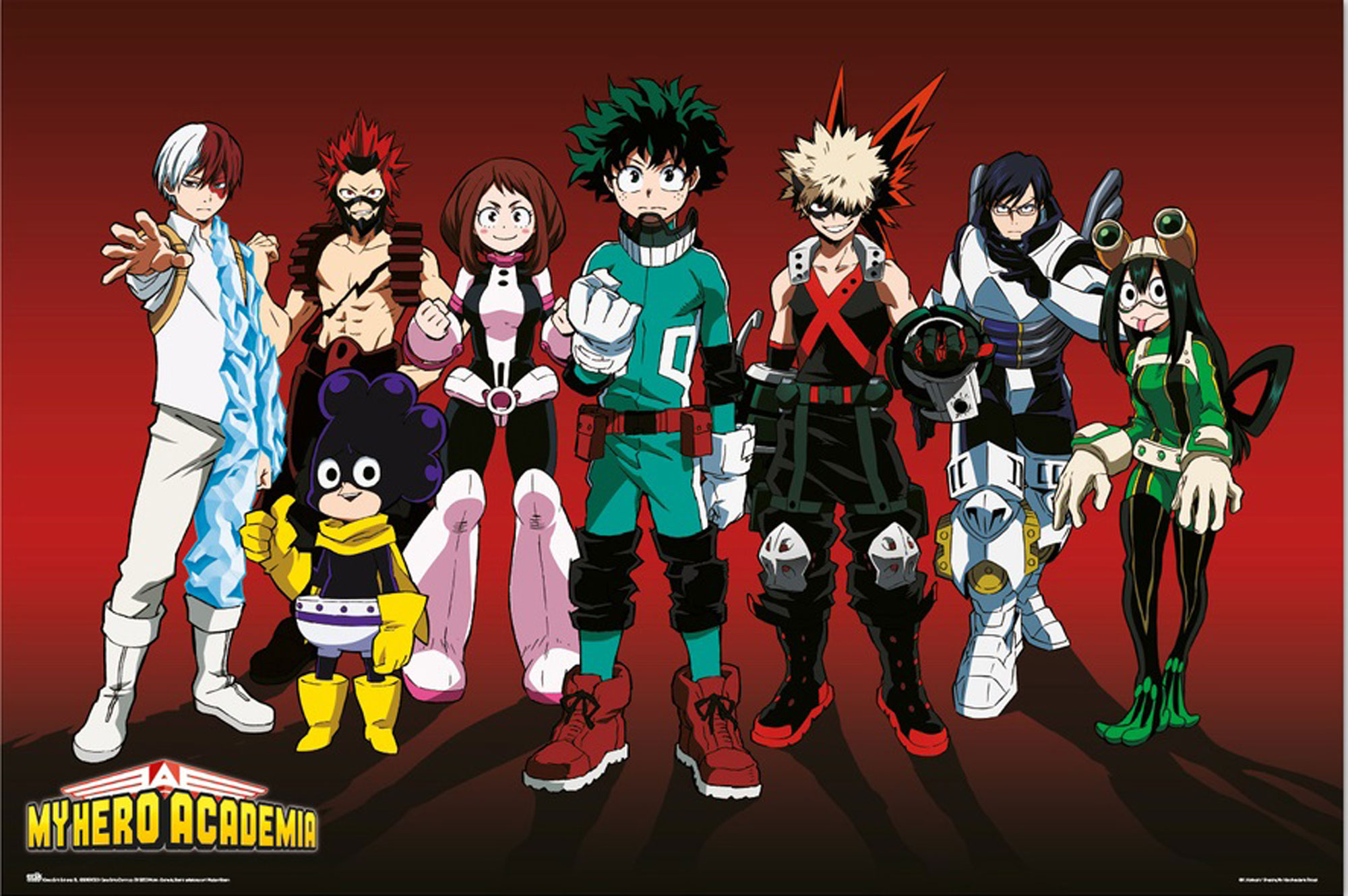 My Hero Academia Poster mit einer Gruppe von Anime-Charakteren in Heldenkostümen.