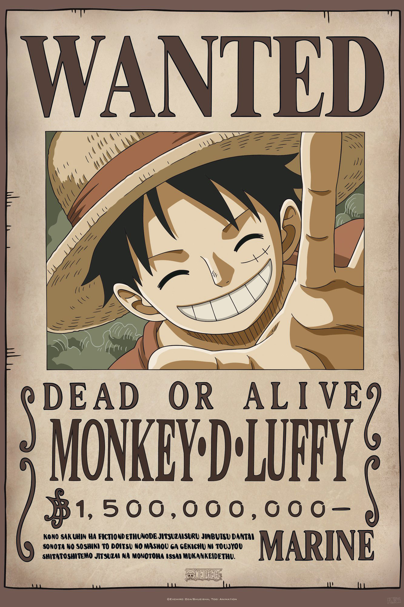Ein Wanted-Poster mit Monkey D. Luffy, einer lächelnden Zeichentrickfigur mit Strohhut.