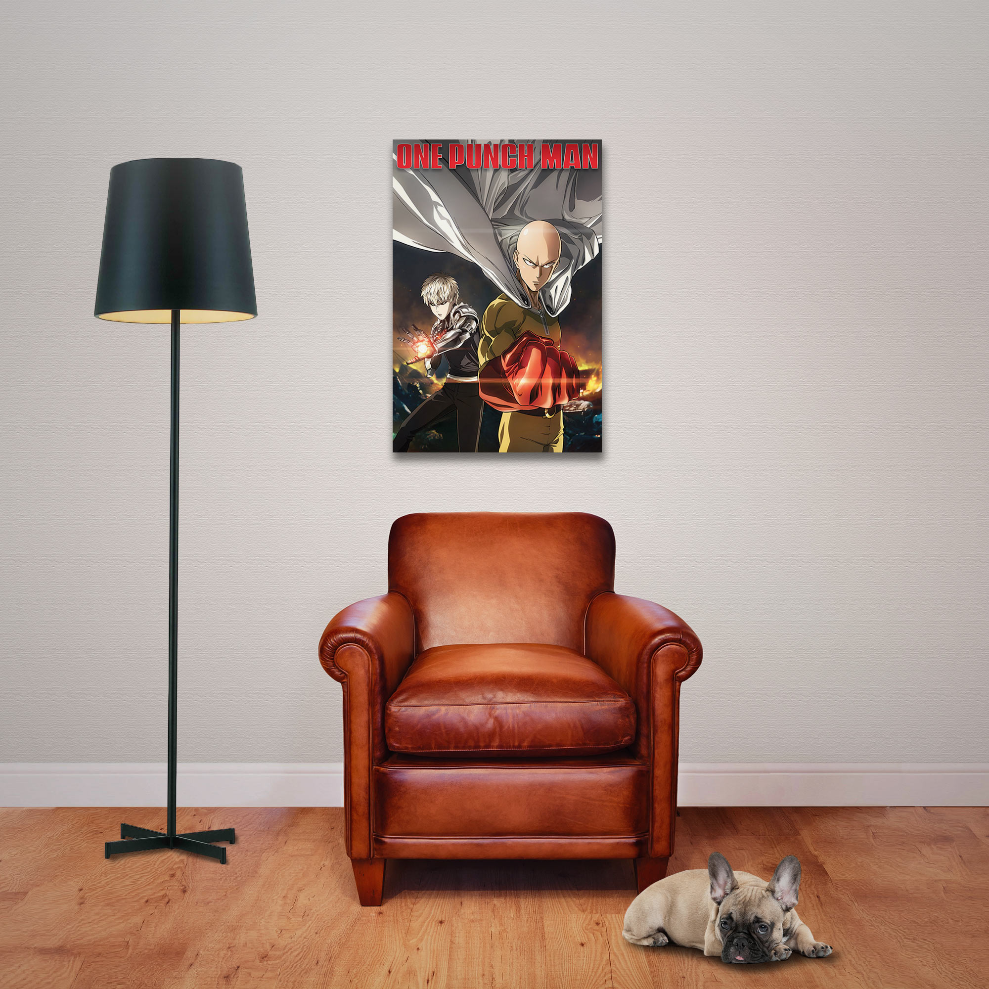 Ein One Punch Man-Poster über einem Ledersessel, mit einem Hund auf dem Boden.