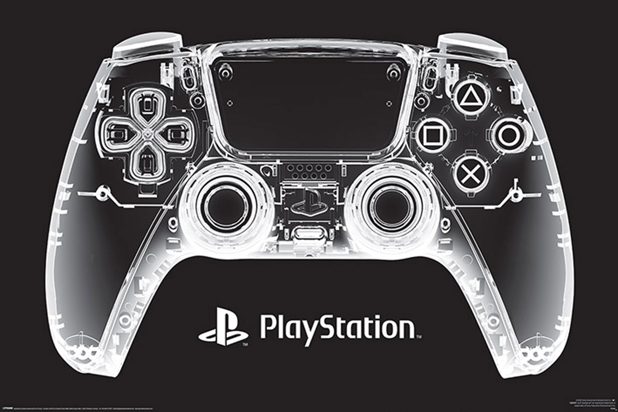 Weißer, transparenter PlayStation-Controller-Umriss auf Schwarz. Tasten und Joysticks sind sichtbar.