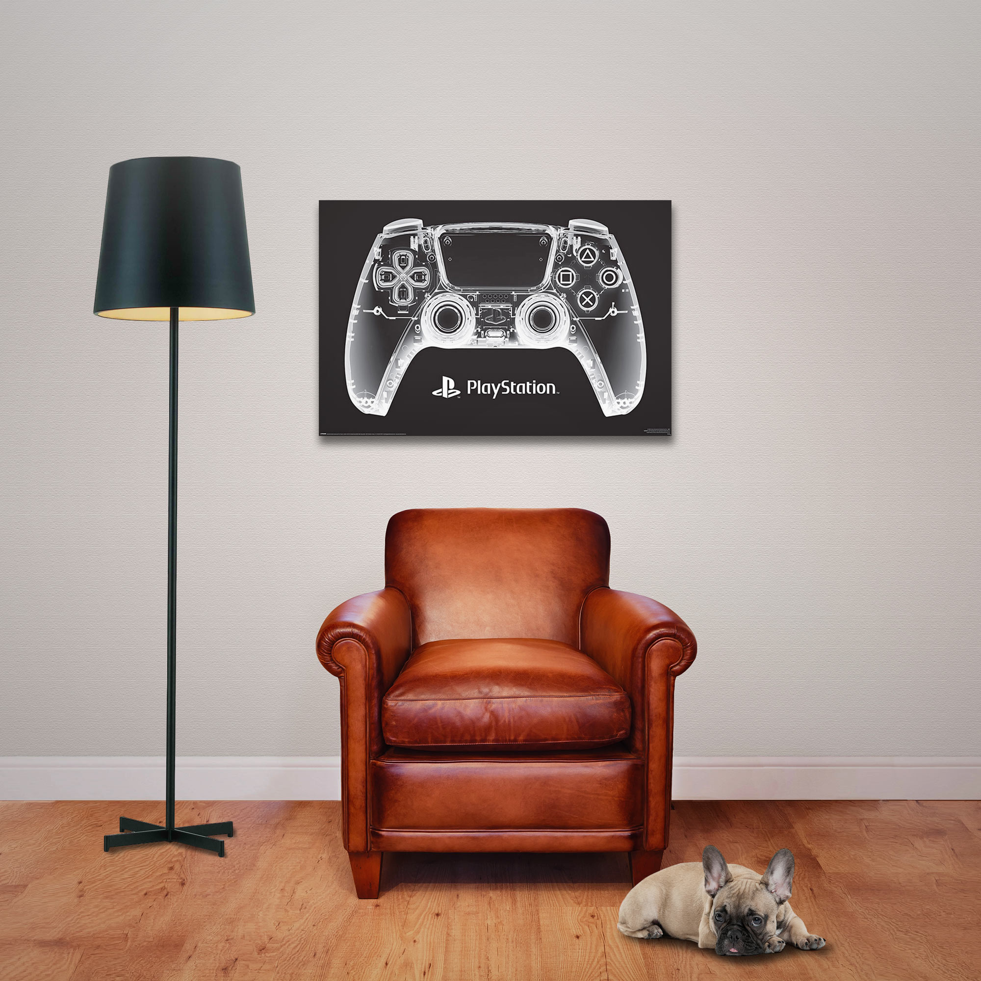 Ein Raum mit einem Poster eines PlayStation-Controllers, einem Sessel, einer Stehlampe und einem Hund.