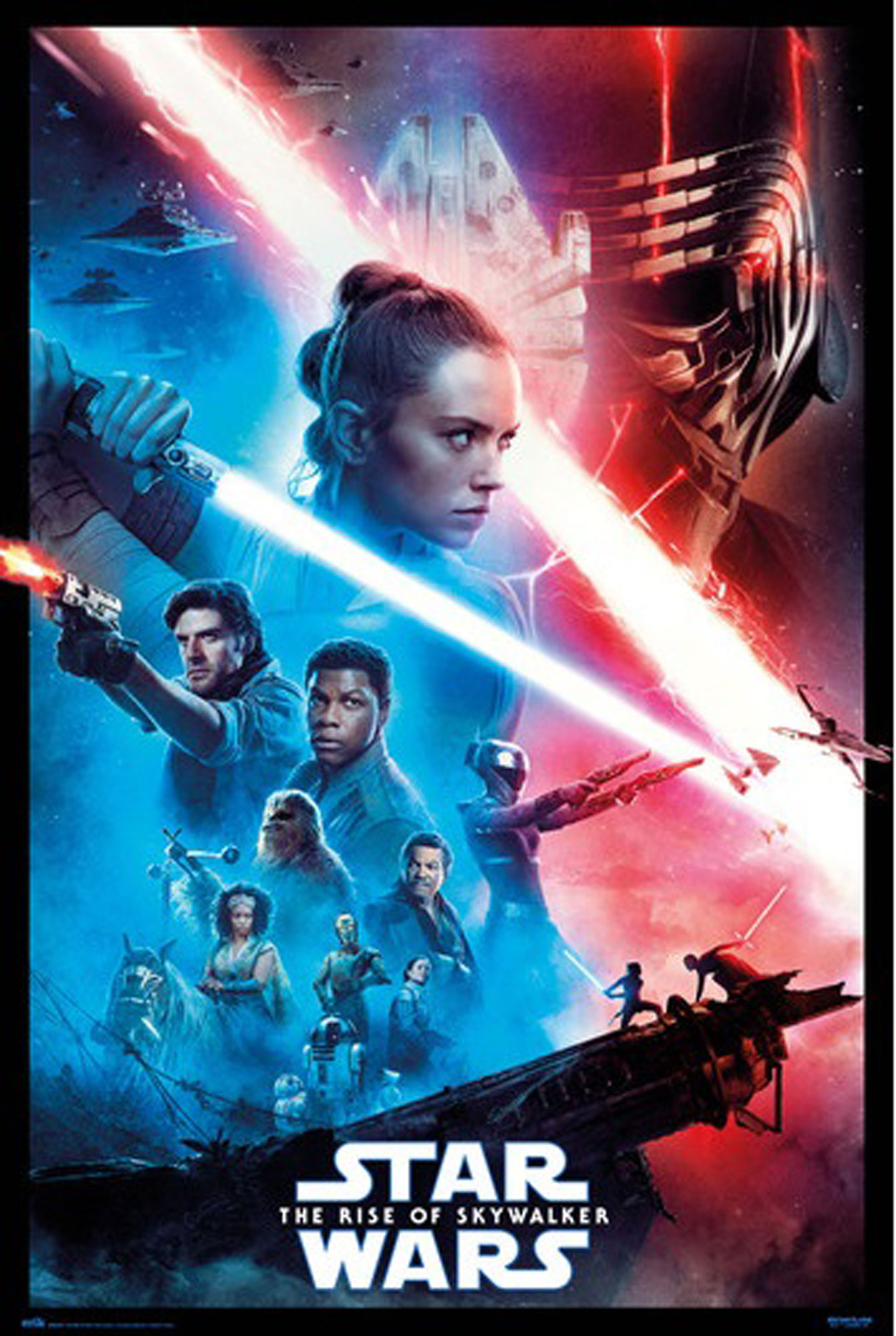 Star Wars Poster. Charaktere Rey und Kylo Ren mit Lichtschwertern. Andere Charaktere und Schiffe sind im Hintergrund.