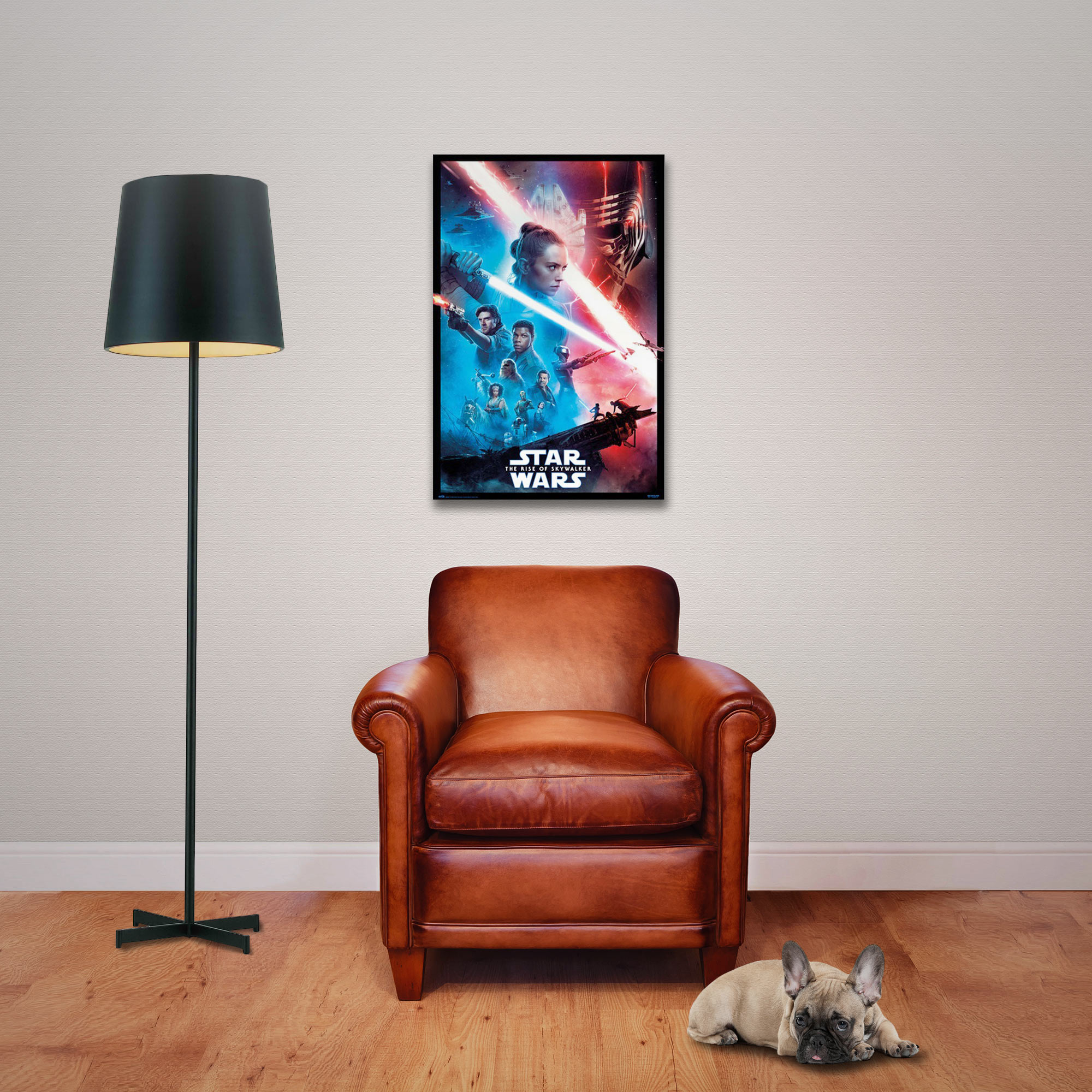Star Wars-Filmplakat an einer Wand. Brauner Ledersessel, Lampe, Holzboden, Hund.