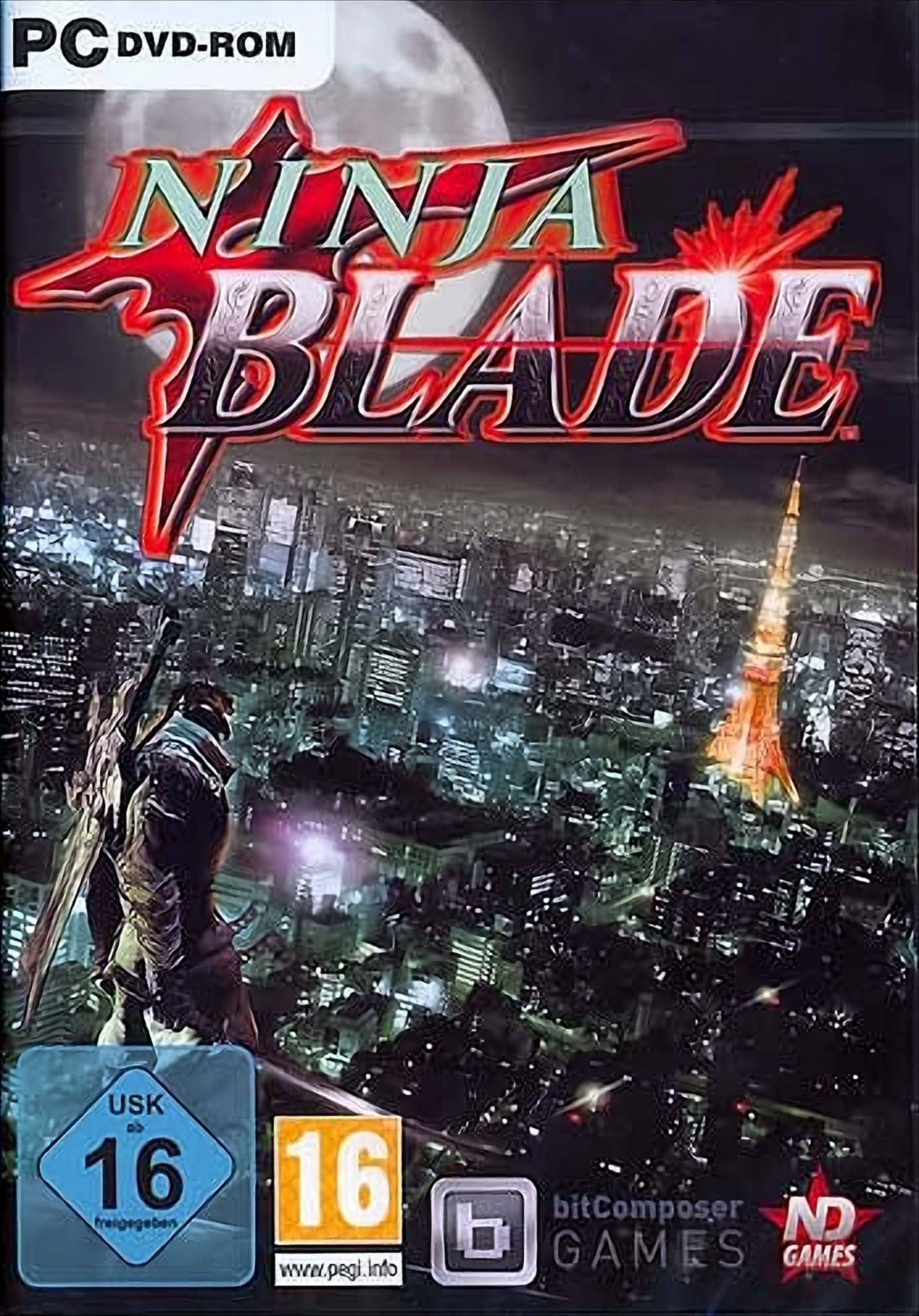 Spielcover für Ninja Blade mit einem Ninja, der eine Stadtlandschaft überblickt.